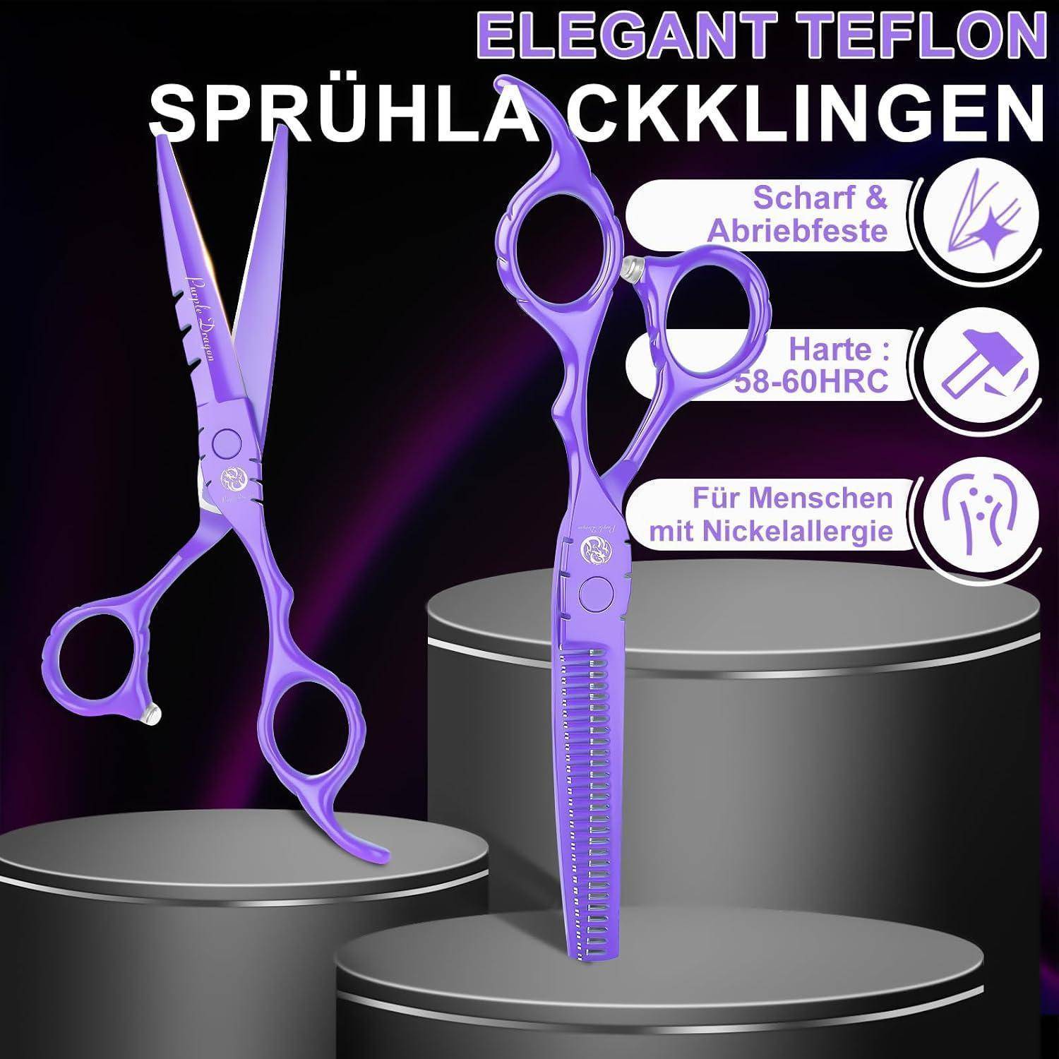 Werbebild von violetten Teflon-Frisierscheren mit Text „ELEGANT TEFLON SPRÜH LACKKLINGEN