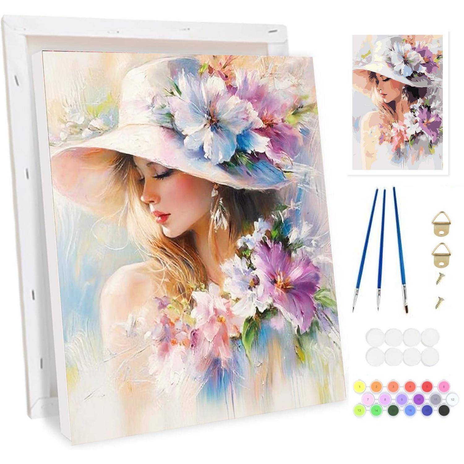 Malen-nach-Zahlen-Set mit einer Frau in einem Blumenhut, inklusive Referenzbild, Pinseln, Farbdosen und Aufhängehardware.