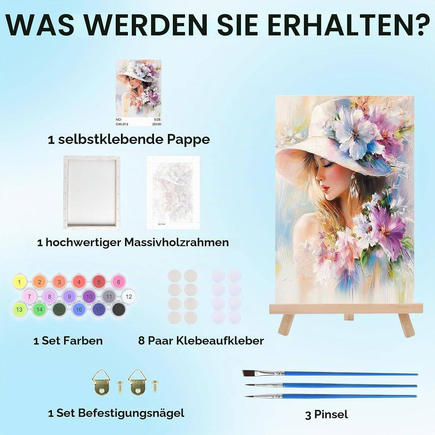 Inhalt des Diamond-Painting-Kits: selbstklebende Leinwand, Rahmen aus Massivholz, 1 Farbsatz, 8 Paar Klebepunkte, Befestigungsnägel und 3 Pinsel, abgebildet mit einem fertiggestellten Blumenporträt auf einer Staffelei.