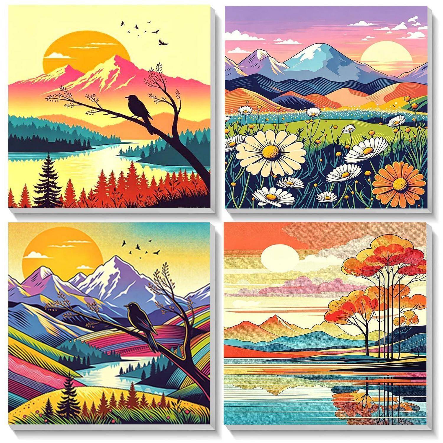 Eine 2x2-Collage aus farbenfrohen Landschaftsmalereien: Berge, Sonnenuntergänge, Blumen und Vögel, jeweils in einer stilisierten Naturszene.