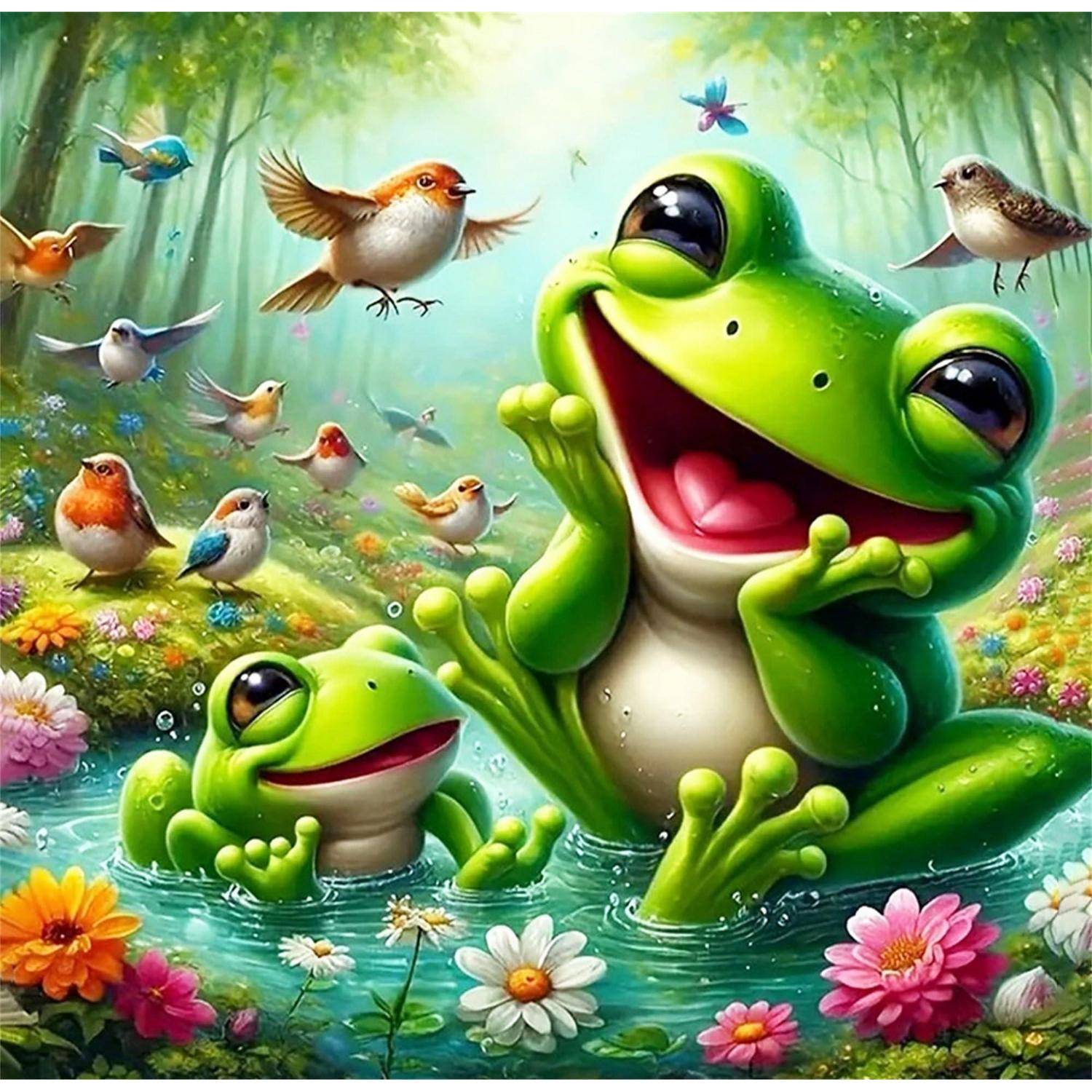 Zwei lächelnde grüne Frösche sitzen in einem blumenreichen Teich, während kleine Vögel in einer hellen, verspielten Waldszene um sie herum fliegen.