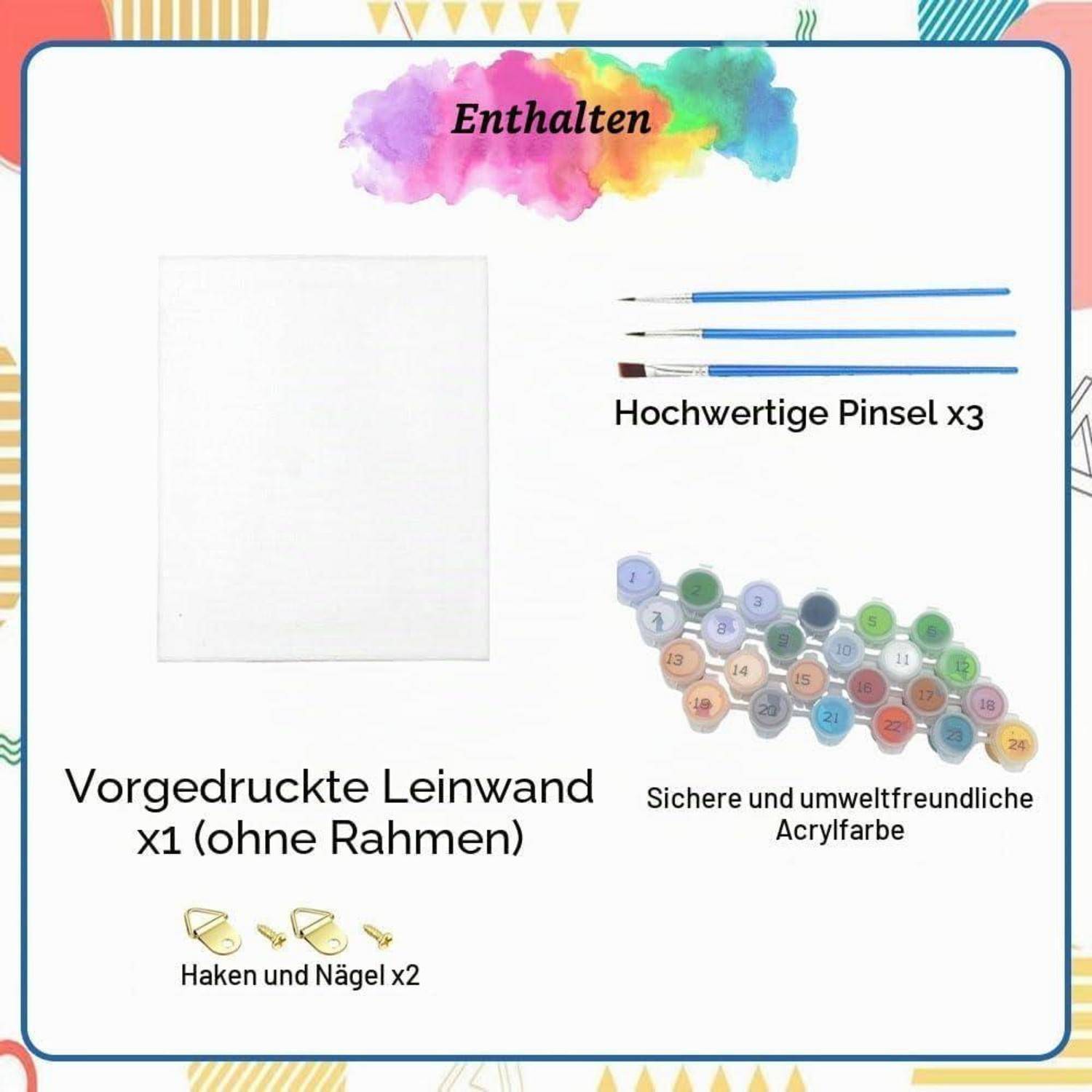 Kitinhalte: vorbedruckte Leinwand x1, hochwertige Pinsel x3, sichere Acrylfarben und Haken und Nägel x2.