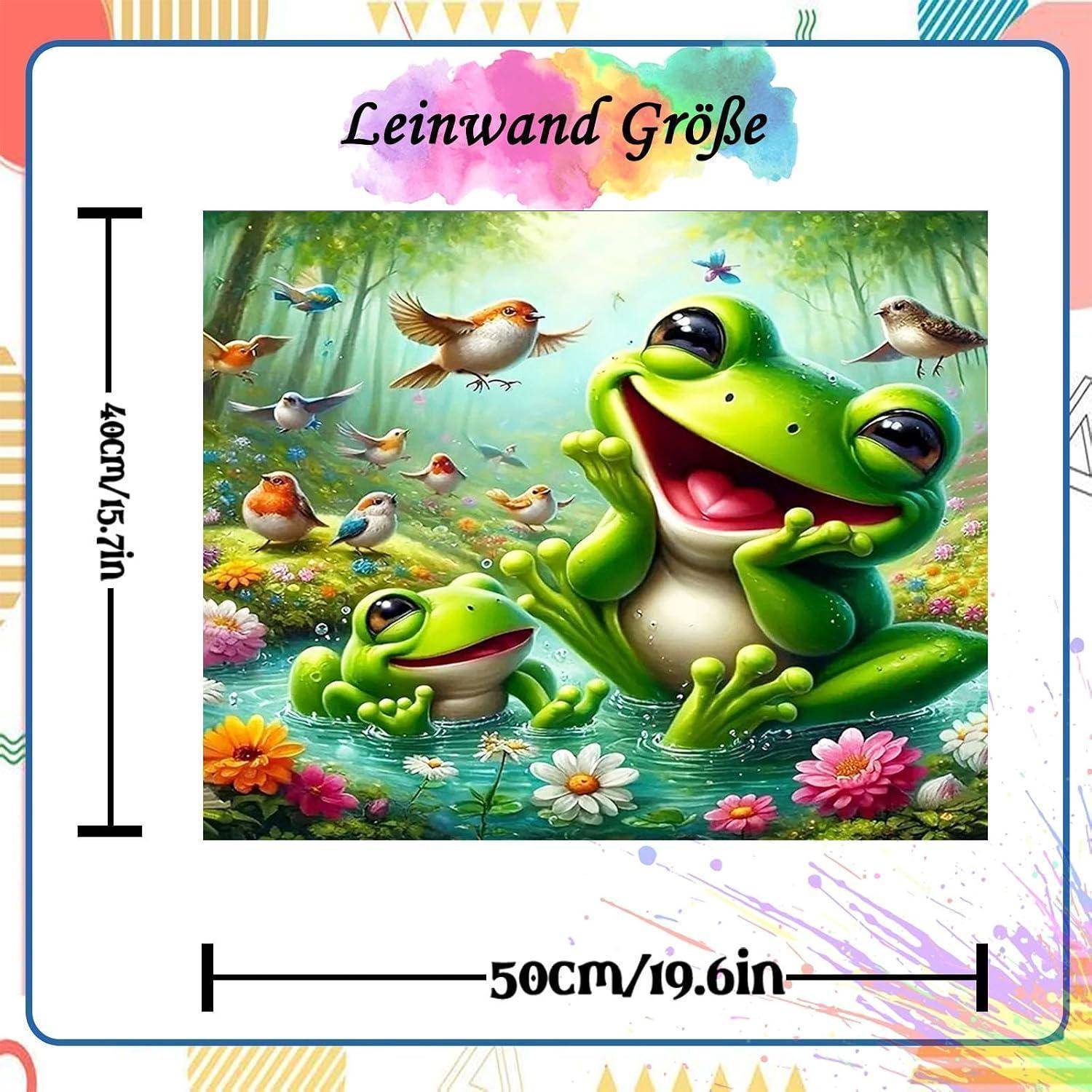 Leitfaden zur Leinwandgröße, der einen Frosch und einen Babyfrosch in einem Teich zeigt, mit der Bezeichnung „Leinwand Größe