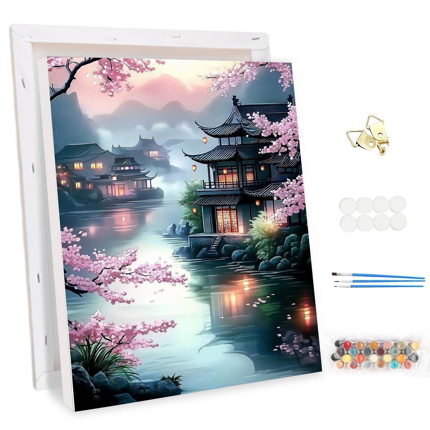 Leinwand-Malset mit einer ruhigen chinesischen Flusslandschaft, Kirschblüten, Pagodenbäumen und Spiegelungen; inklusive Werkzeugen und Farben.