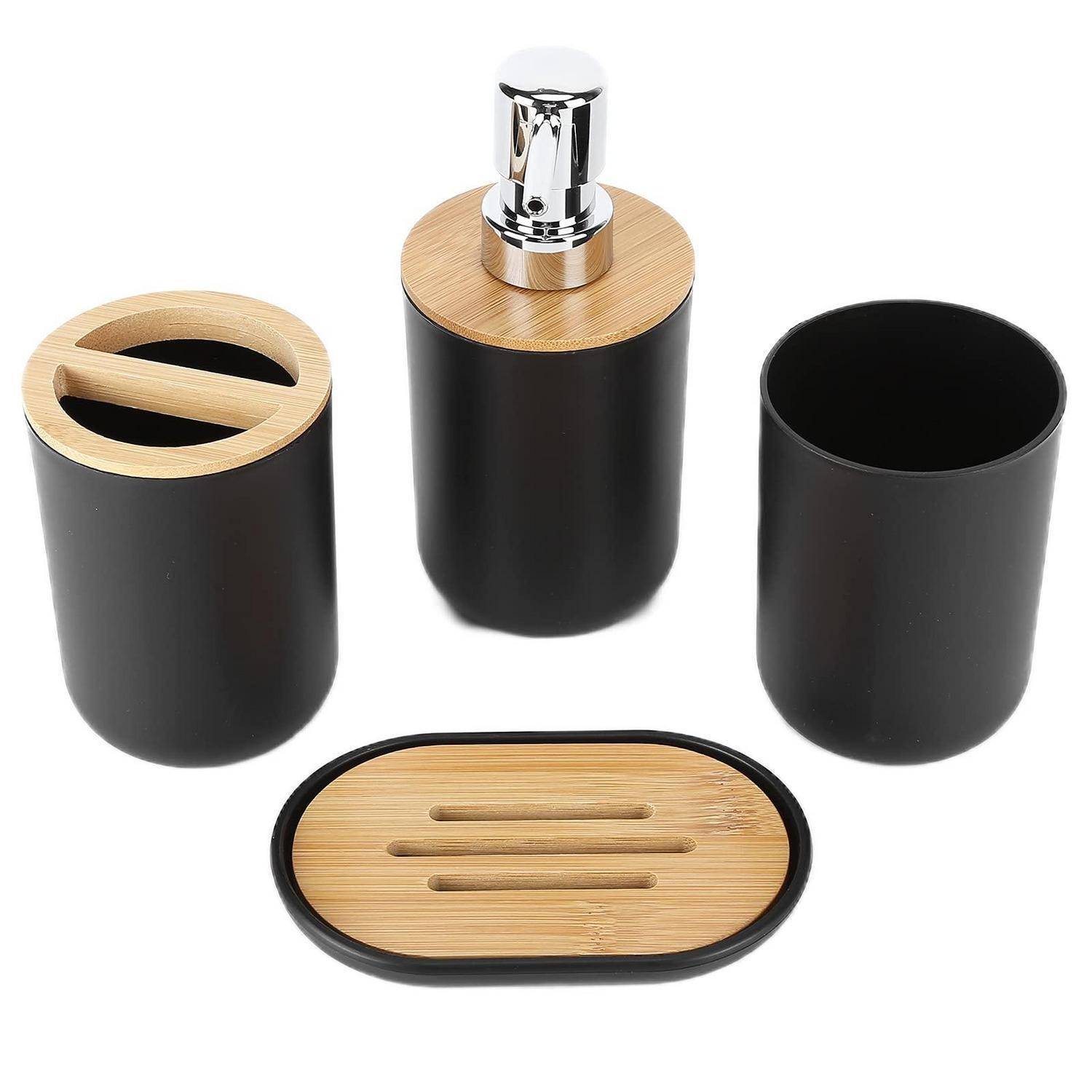Schwarzes Badezimmer-Zubehörset mit Bambusdeckeln und Tablett, bestehend aus einem Seifenspender, Zahnbürstenhalter und Behälter mit Deckel.