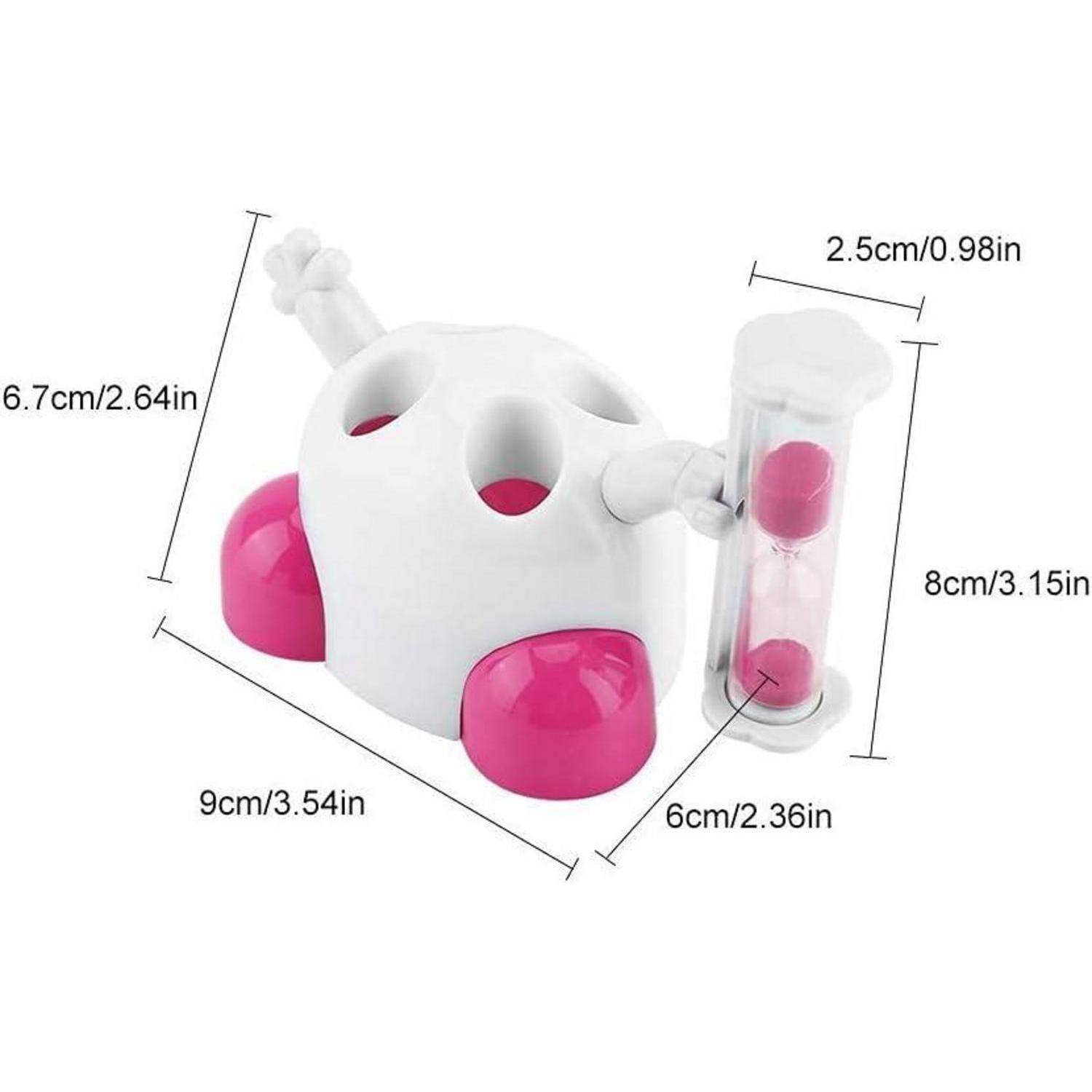 Kleines weiß-rosa Spielzeug mit angebrachtem transparentem Sanduhr-Timer, dargestellt mit beschrifteten Abmessungen in cm und Zoll.