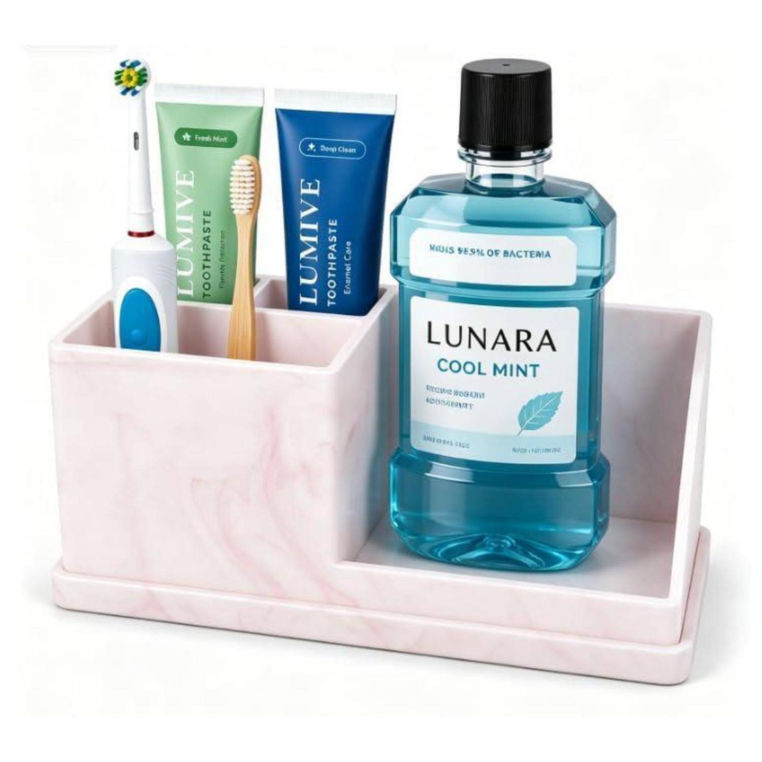 Ein rosa Badezimmerorganizer enthält eine Zahnbürste, Zahnpasta und eine blaue Mundwasserflasche mit der Aufschrift „LUNARA COOL MINT