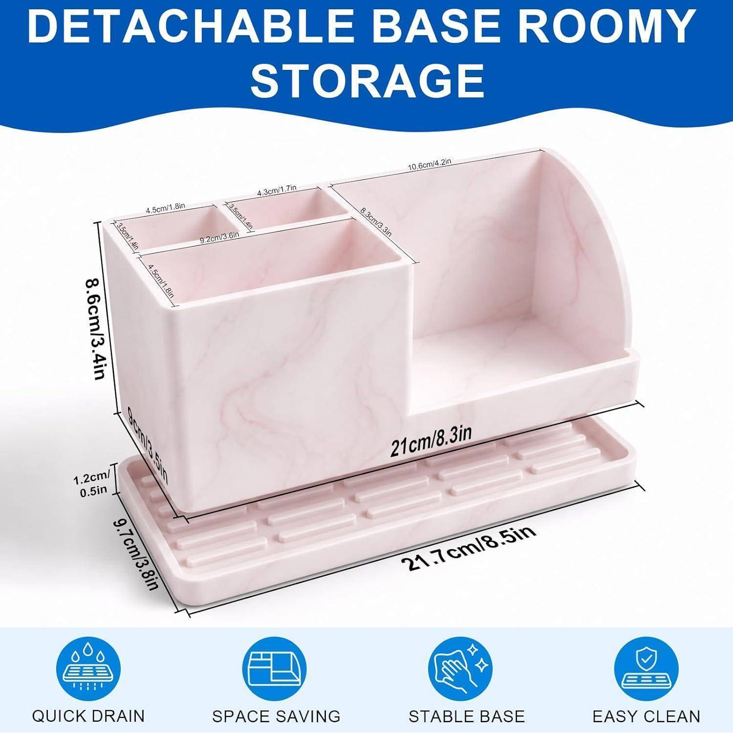 Rosa Marmor-Optik drehbarer Make-up-Organizer mit abnehmbarem Basislagerspeicher, unterteilten Fächern und beschrifteten Abmessungen; Symbole heben schnelle Entwässerung, Platzersparnis, stabile Basis und einfache Reinigung hervor.