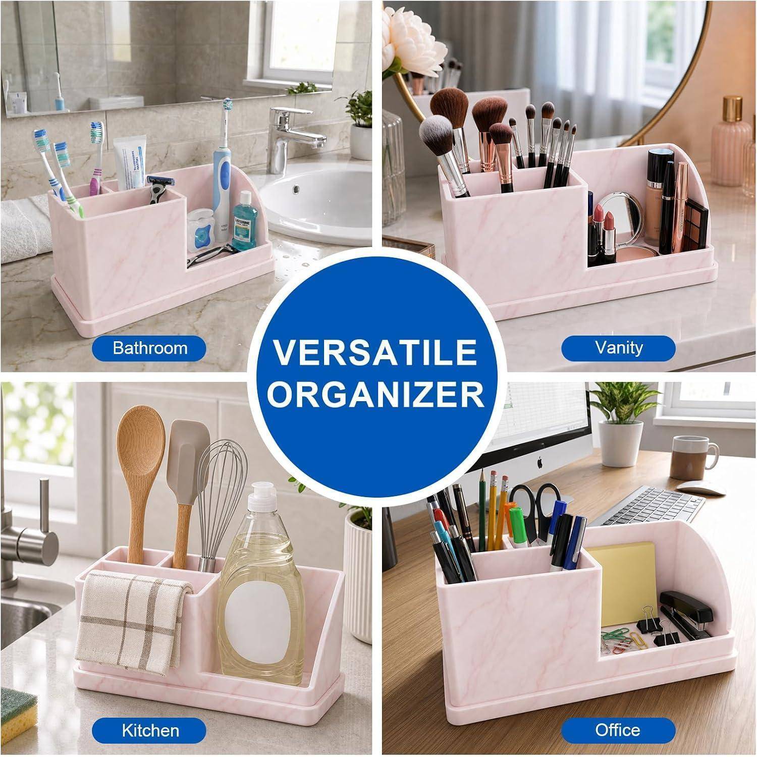 Collage mit einem rosa vielseitigen Organizer, der im Badezimmer, auf der Frisiertabelle, in der Küche und im Büro für Toilettenartikel, Make-up, Utensilien und Schreibtischartikel verwendet wird.