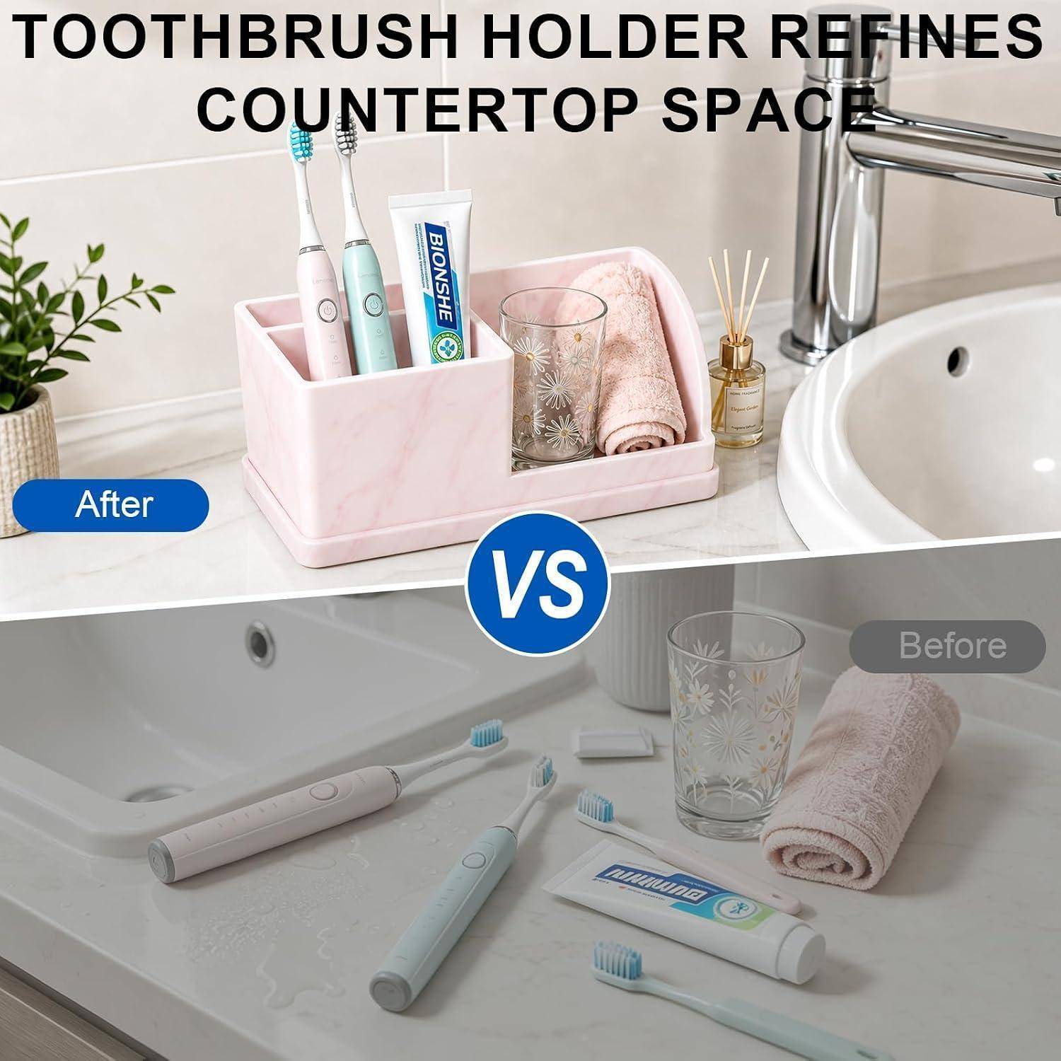 Vorher-und-nachher Badezimmerablage-Organisation: Ein rosa Zahnbürstenhalter, Handtuch, Zahnpasta und Diffusor räumen den Raum auf, im Vergleich zu einem unordentlichen Waschbeckenbereich.