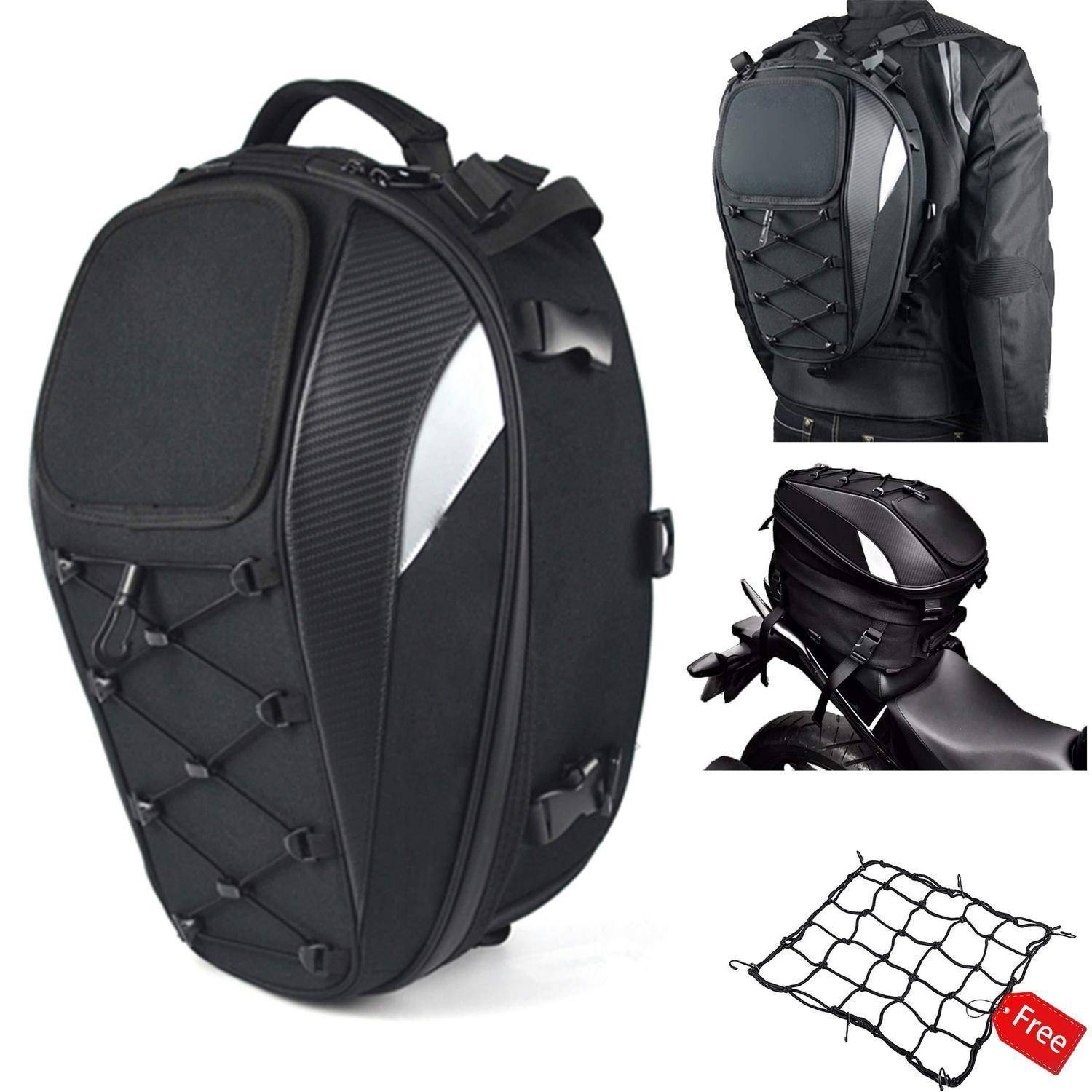 Schwarzer Motorrad-Rucksack mit Hartschale und Netz-Frachtlagerung, von mehreren Blickwinkeln gezeigt mit separatem elastischem Frachtnetzen mit der Bezeichnung „Kostenlos