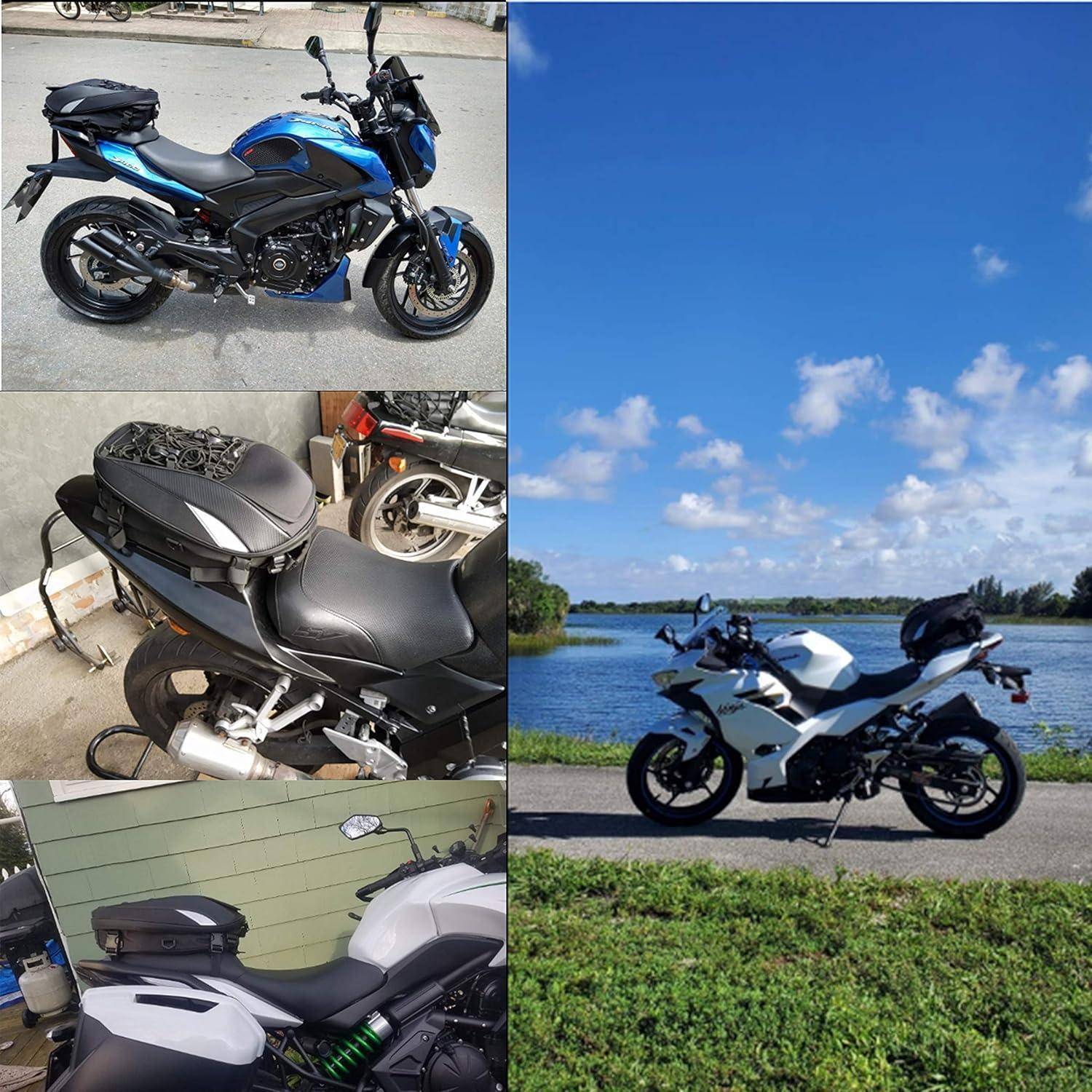 Drei Ansichten eines Sportmotorrads mit Gepäckkoffer: blaues und schwarzes Motorrad im Freien, dann Heck- und Seitenaufnahmen, die den Sitz, den Auspuff und die Topbox zeigen.