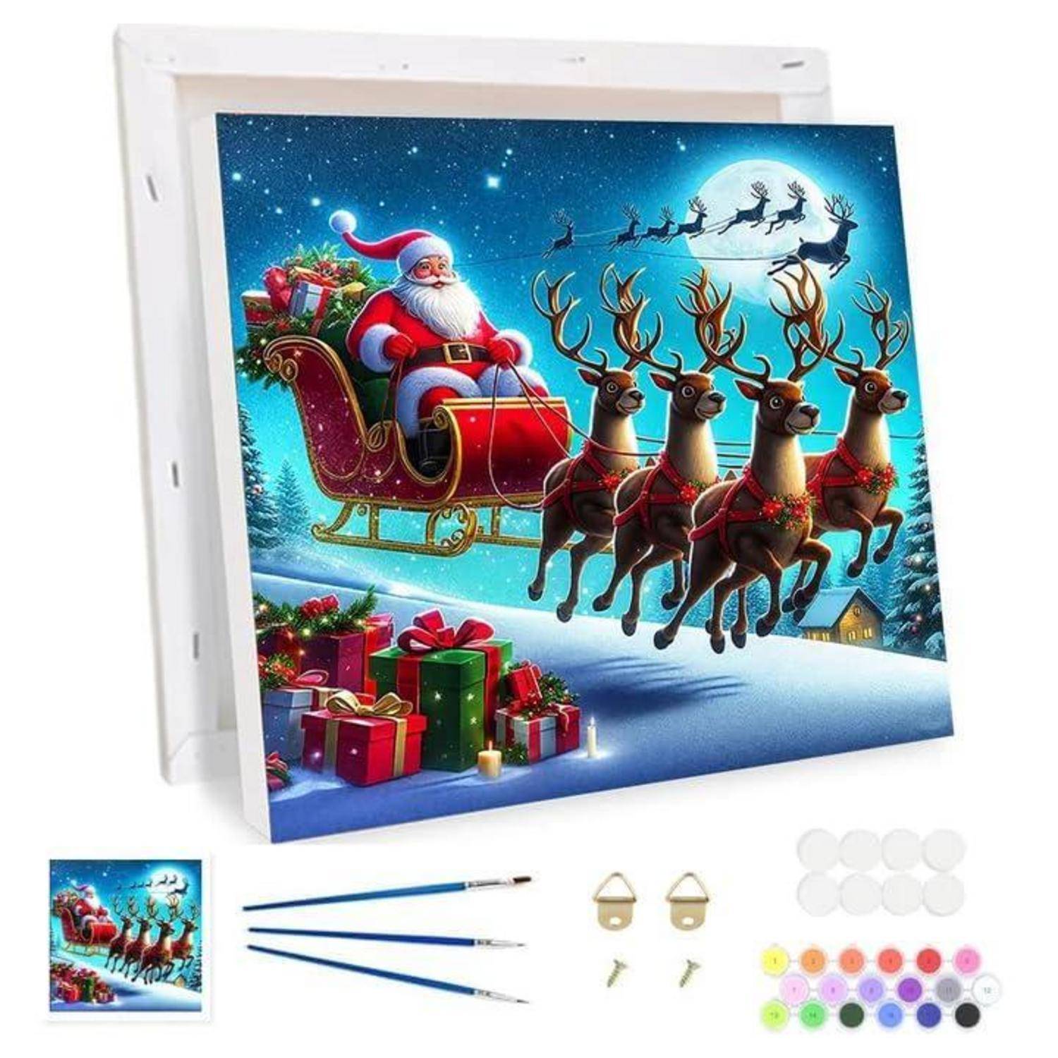 Weihnachtsthematisches Malen-nach-Zahlen-Set mit dem Weihnachtsmann in einem Schlitten mit Rentieren, Geschenken, Leinwand, Pinseln, Aufhängehaken und Farbtöpfen.