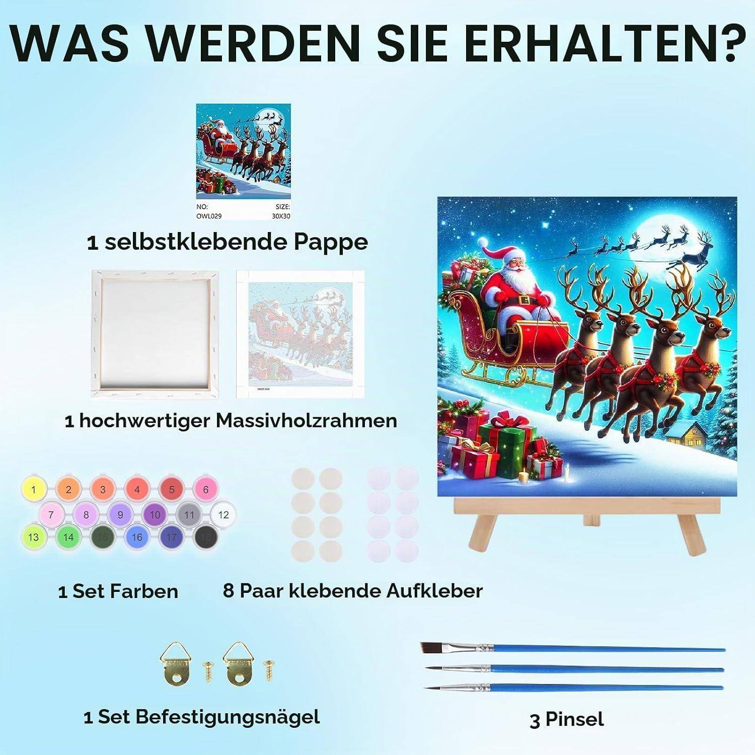 Produktinhalt: ein selbstklebendes Papierdruck, ein Holzrahmen aus Massivholz, ein Farbset, 8 Paar Klebsticker, ein Set Aufhängenägel und 3 Pinsel.