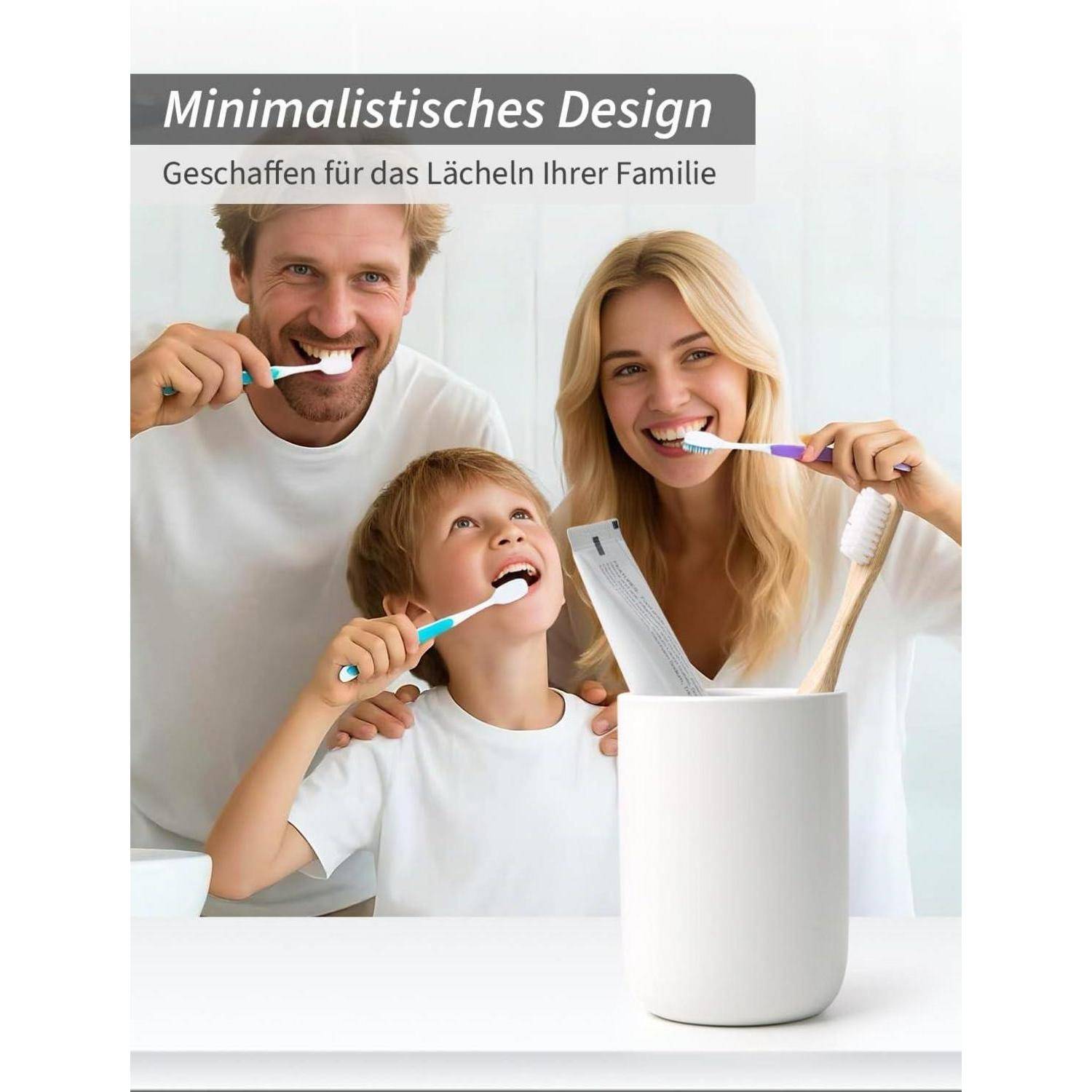 Familie putzt sich die Zähne mit einem weißen Zahnbürstenhalter vorne; deutscher Text lautet „Minimalistisches Design