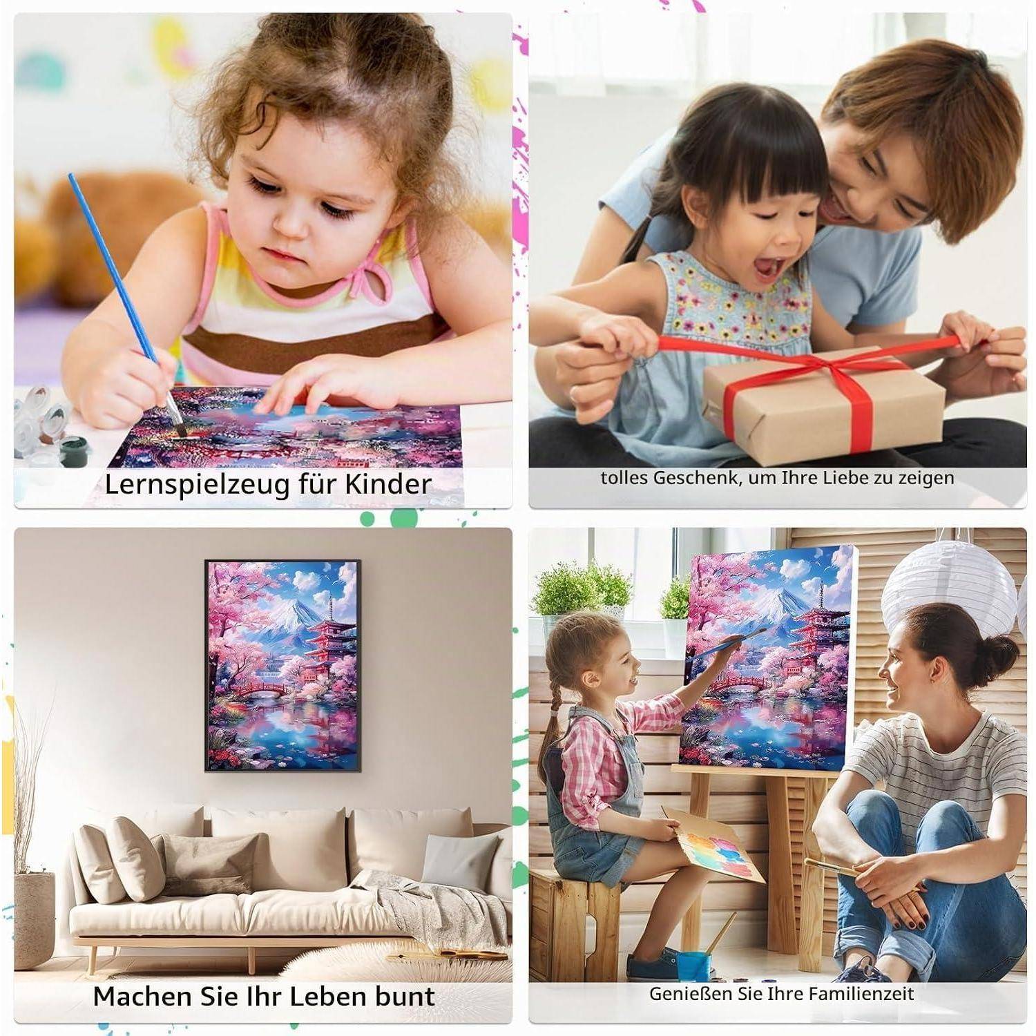 Vierfeld-Collage mit Kinder- und Familienszenen: Kinder spielen mit Lernspielzeugen, ein Kind öffnet ein Geschenk, bunte Wandkunst in einem Wohnzimmer und eine Mutter und ein Kind malen zusammen.