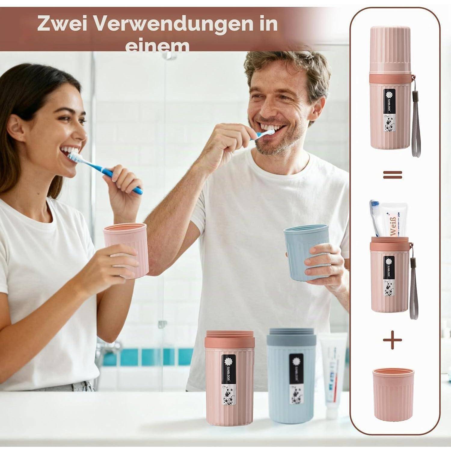 Zwei Personen putzen sich die Zähne mit wiederverwendbaren Bechern; eine Seitengrafik zeigt einen rosa Zahnbürstenhalter, der einem Becher plus dem Halter entspricht, beschriftet mit „Zwei Verwendungen in einem