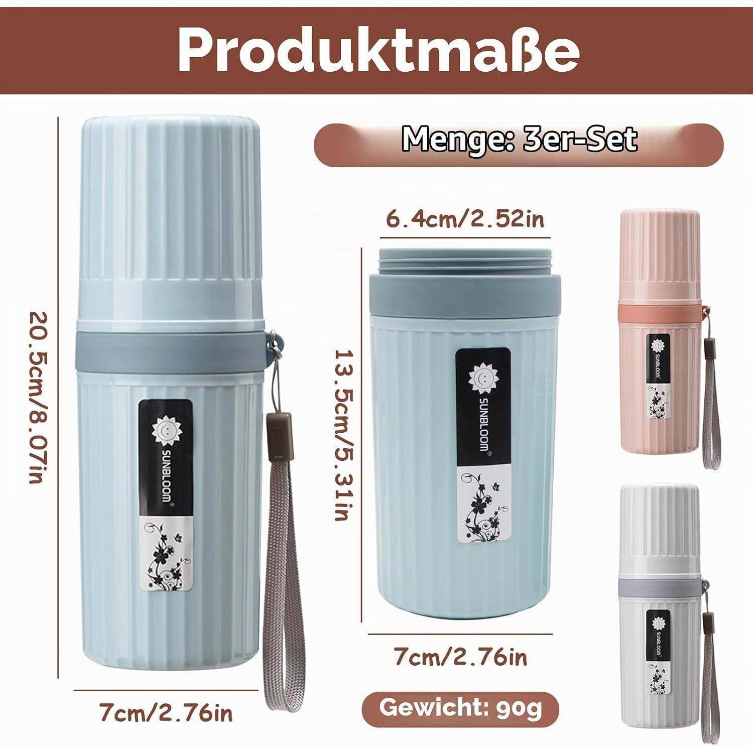 Produktabmessungen für ein 3-teiliges Set von isolierten Behältern, mit einem großen blauen Behälter, mittlerem blauen Behälter und zwei kleineren Farboptionen mit Größenmessungen.