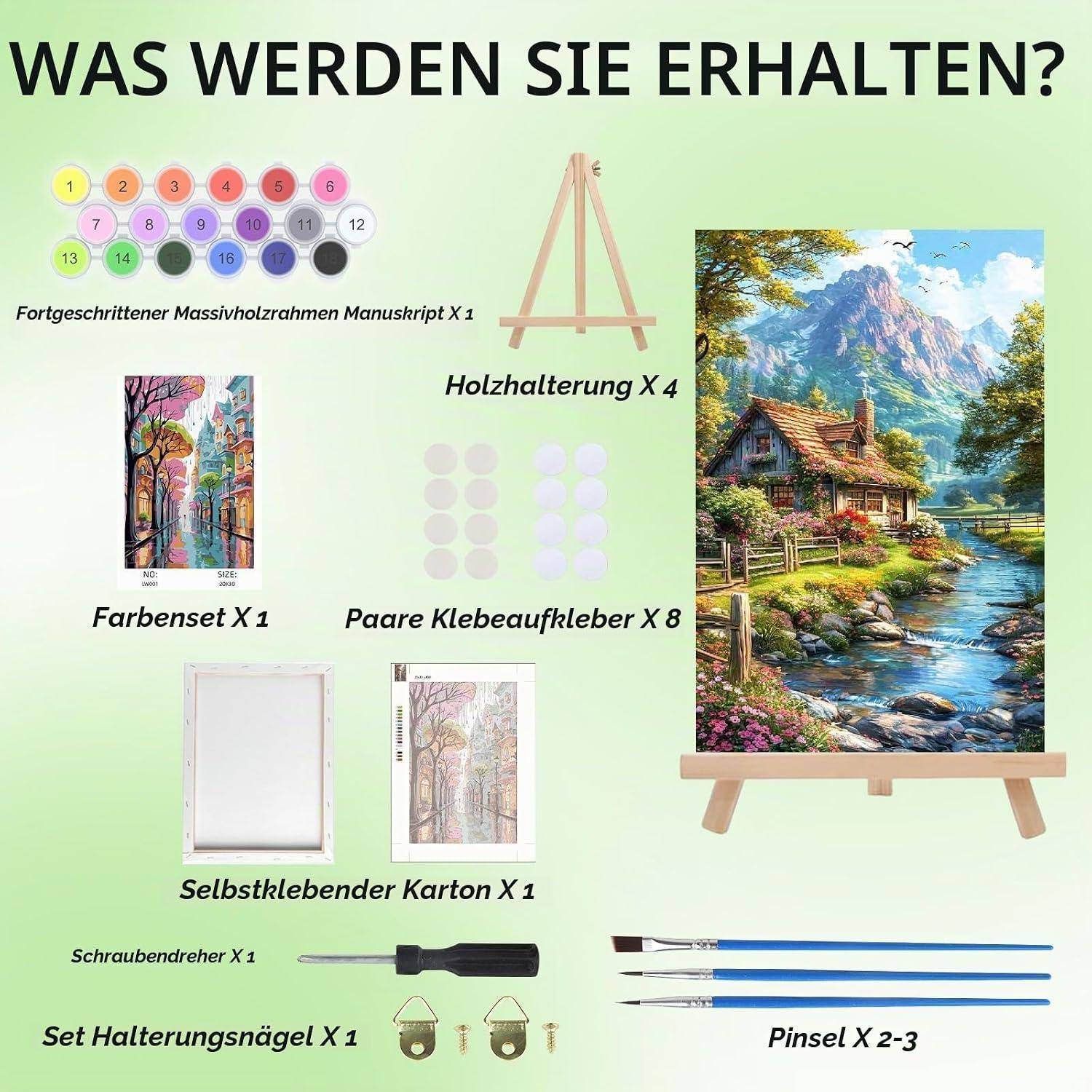 Inhaltsverzeichnis des Diamond-Painting-Sets: nummerter Canvas, Holzstaffelei, Farbset, 8 Klebepads, selbstklebende Pappe, Schraubendreher, Aufhängenägel und 2-3 Pinsel.