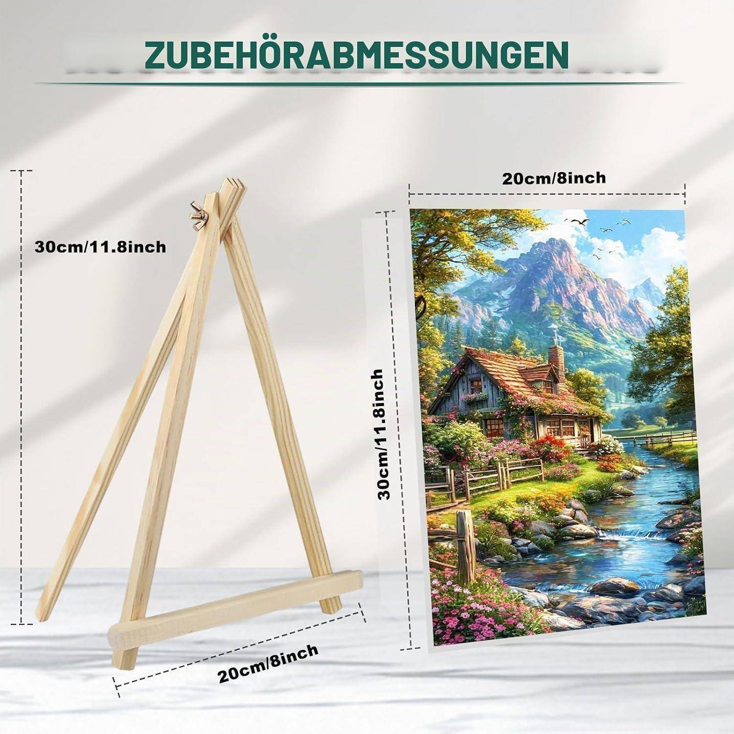 Holzständer zur Bildpräsentation mit einem Musterbild, mit gekennzeichneten Abmessungen 30 cm/11,8 Zoll hoch und 20 cm/8 Zoll breit.