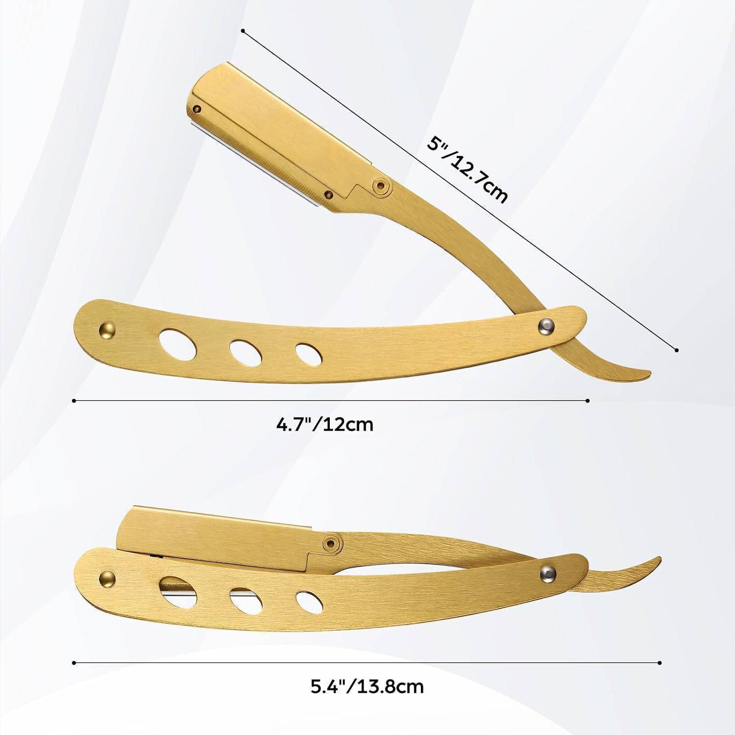 Goldenes Rasiermesser in offener und geschlossener Position mit beschrifteten Abmessungen 5