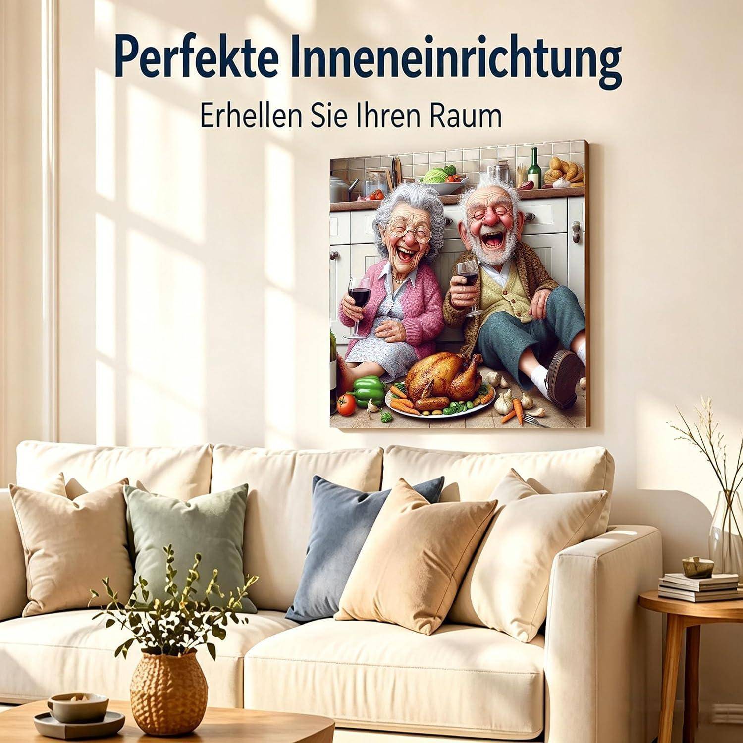 Wohnzimmer mit cremefarbenem Sofa und Wandkunst; deutscher Text sagt „Perfekte Inneneinrichtung