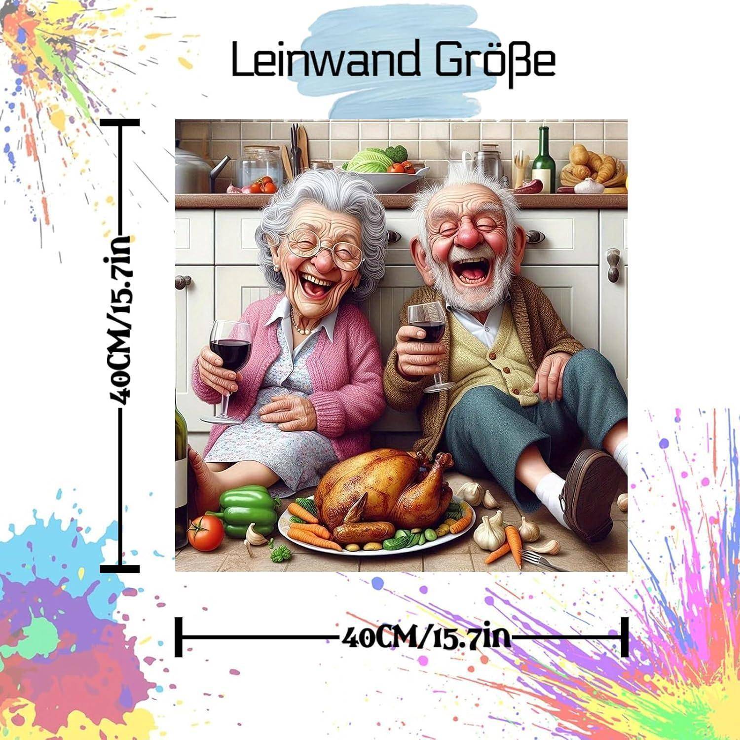 Produktmockup zeigt einen 40 cm mal 40 cm großen Leinwanddruck von zwei lachenden älteren Menschen, die in einer Küche sitzend mit Essen und Wein posieren, gekennzeichnet als 'Leinwand Größe'.