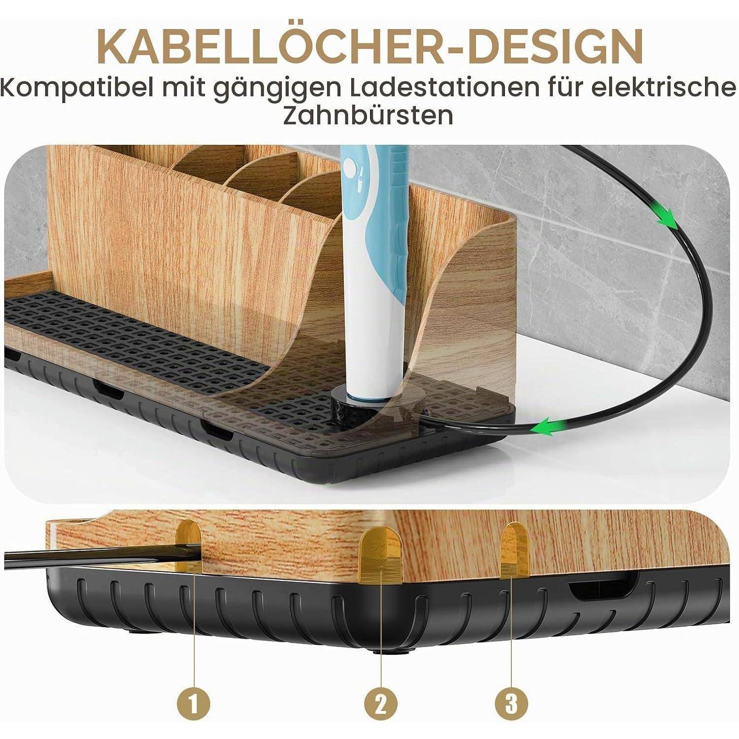 Diagramm eines Holz-Ladestands mit Kabelausschnitten für eine elektrische Zahnbürste, das zeigt, wie das Kabel ordnungsgemäß um die Basis herum und in den Ladebereich führt.