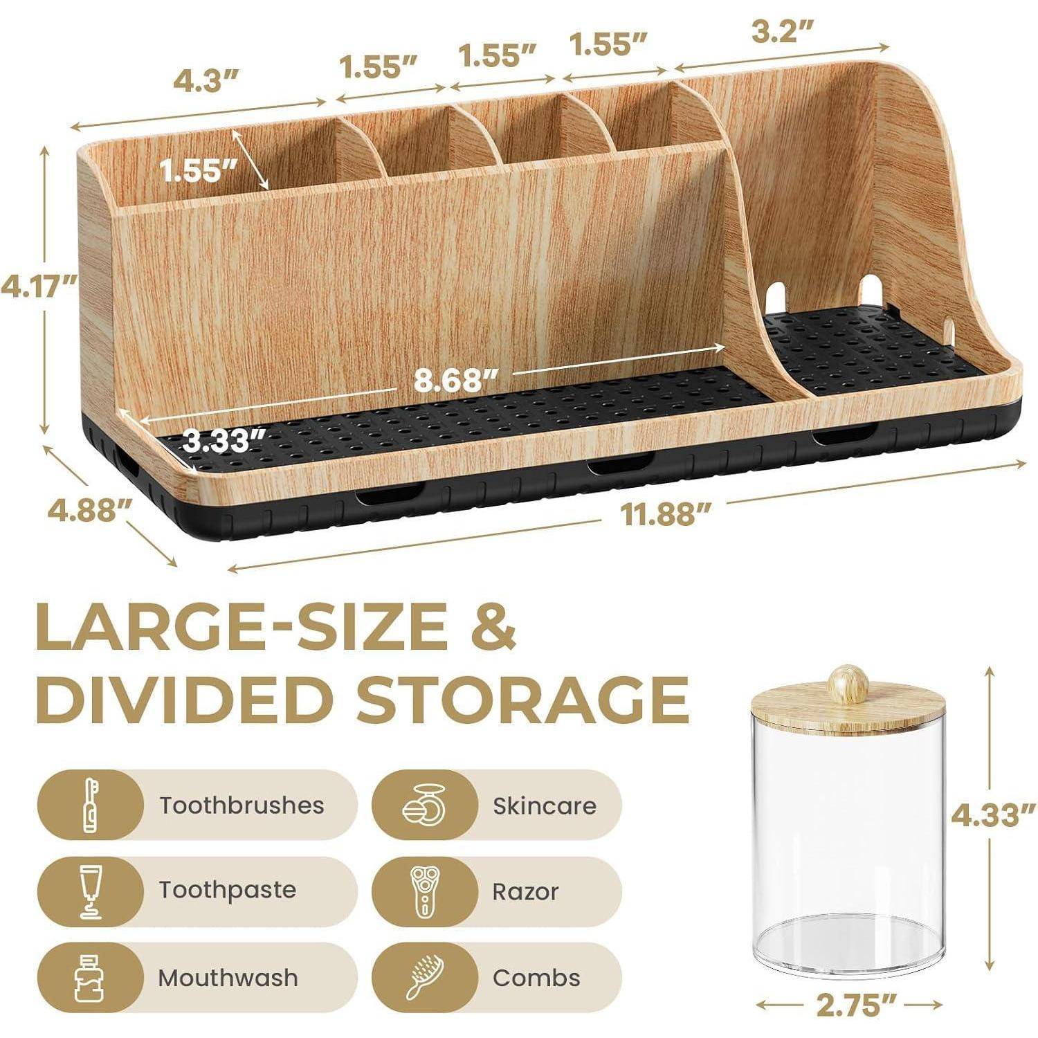Illustration eines großen Badezimmer-Organizers aus Bambus mit geteilten Fächern und einem seitlichen Behälter, beschriftet für Zahnbürsten, Hautpflege, Zahnpasta, Rasierer, Mundwasser und Kämme.