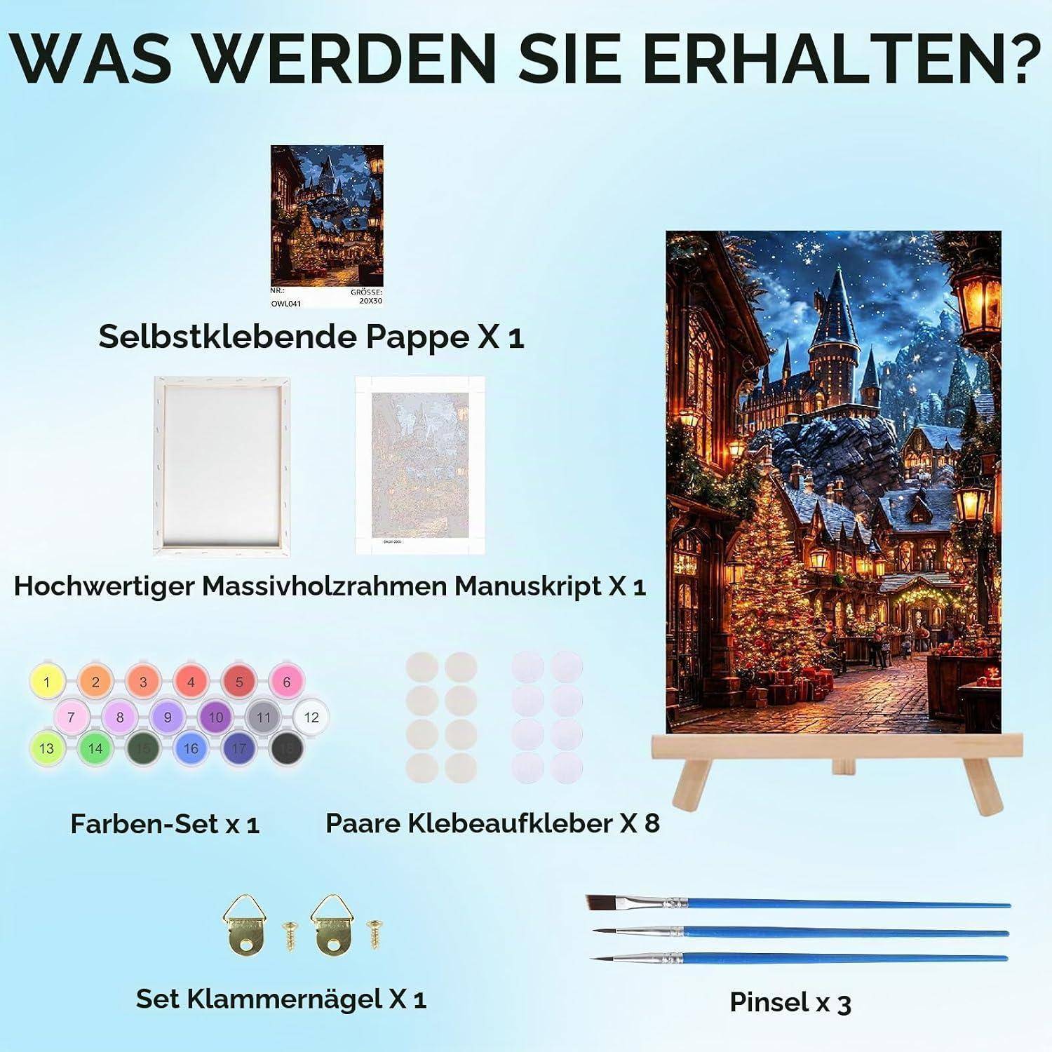 Inhalt des Diamond-Painting-Sets, abgebildet: selbstklebendes Canvas, Holzrahmen, Klebsticker, Farbset, Aufhängenägel und 3 Pinsel.