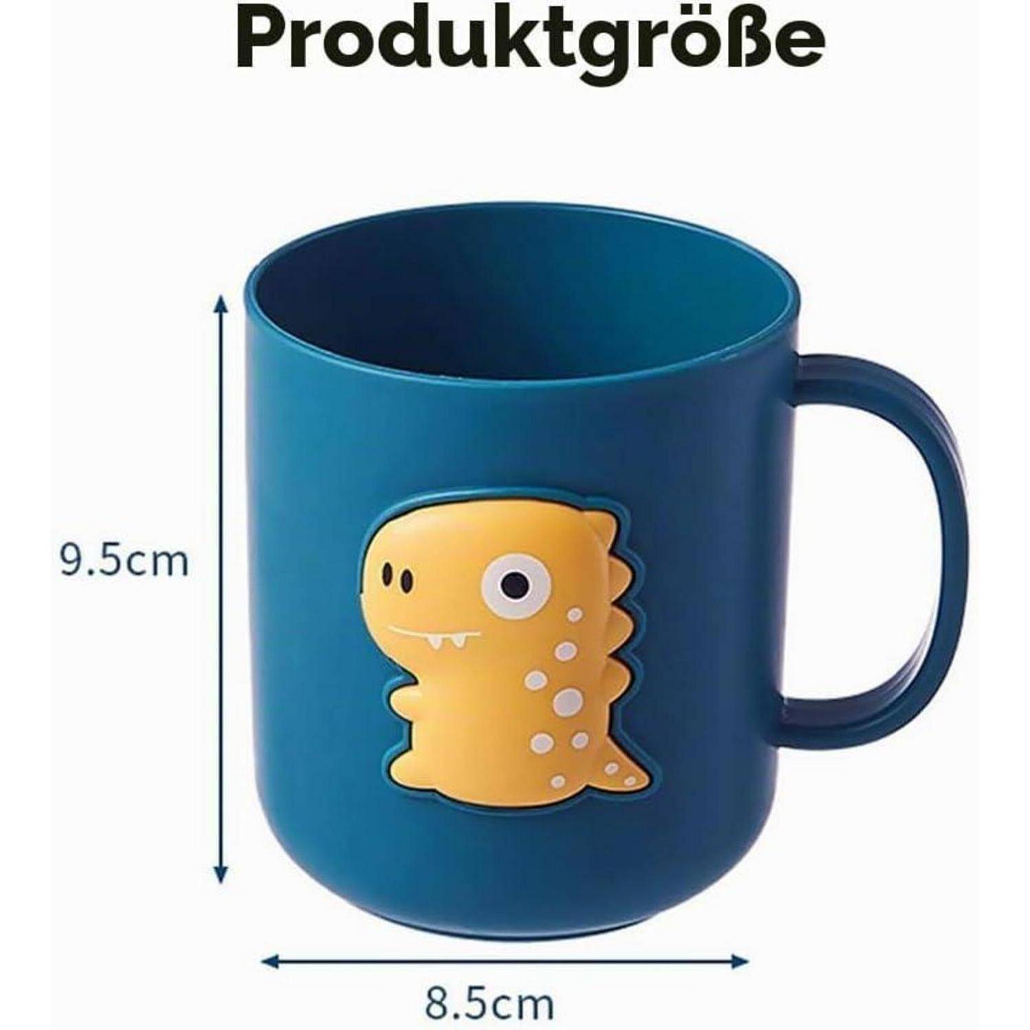 Blauer Becher mit Dinosaurier-Grafik; Produktgröße angegeben als 9,5 cm hoch und 8,5 cm breit.