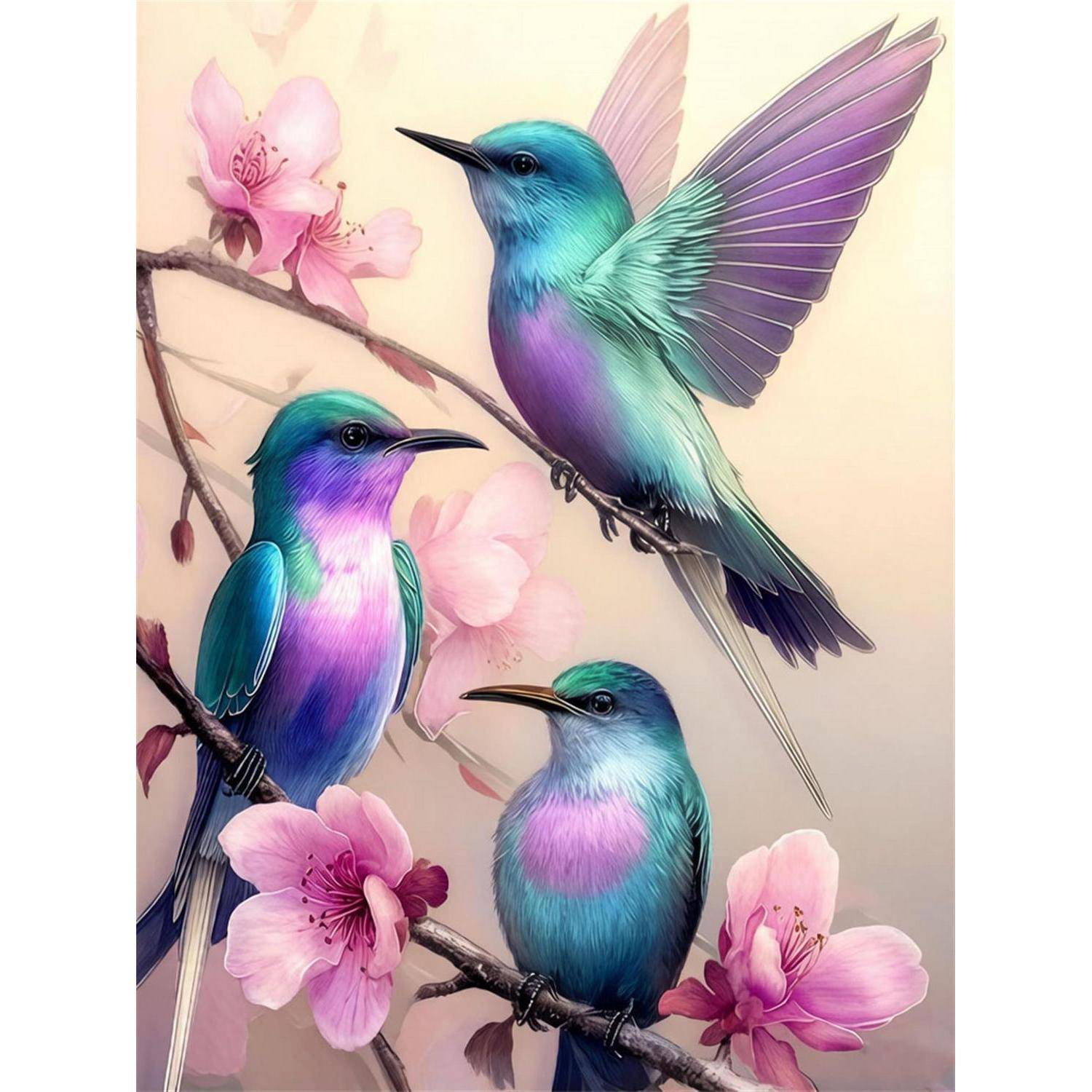 Drei farbenfrohe Kolibris auf blühenden Zweigen mit rosa Blüten, dargestellt in einer weichen Pastellillustration.