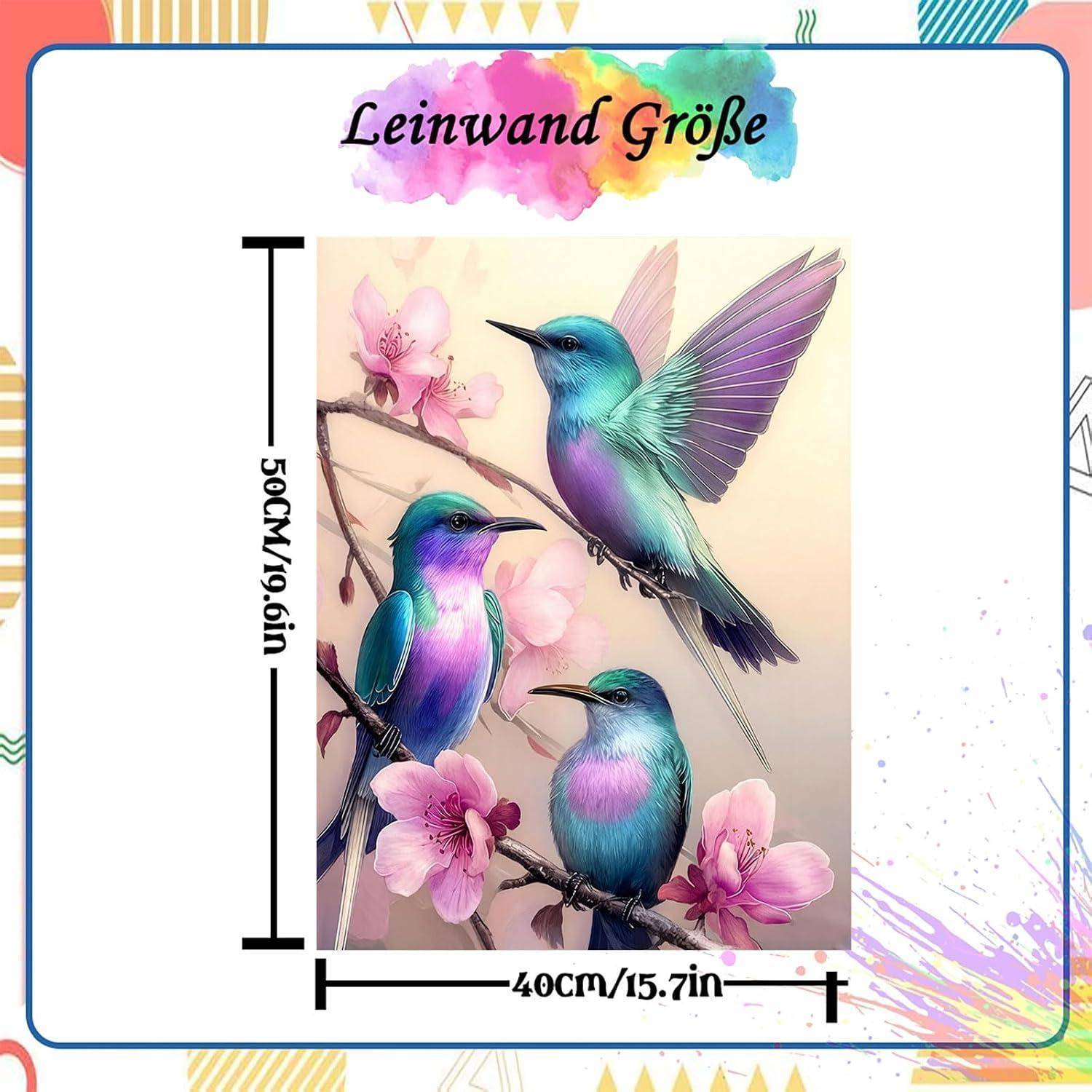 Produktmockup mit einem Kunstdruck auf Leinwand, der drei farbenfrohe Kolibris mit rosa Blüten zeigt; mit der Leinwandgröße von 50 cm mal 40 cm gekennzeichnet.