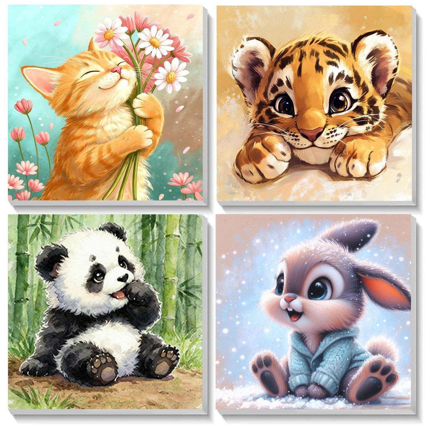 Vier niedliche Tieillustrationen in einem 2x2-Gitter: Kätzchen mit Blumen, Tigerjunges, Panda im Bambus und Häschen in einem Pullover.