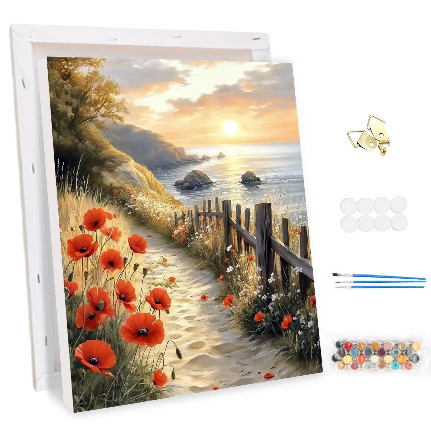 Malen-nach-Zahlen-Set mit einem Meeresküsten-Sonnenuntergang-Pfad mit roten Mohnblumen, plus Leinwand, Haken, Farbdosen und Pinsel.