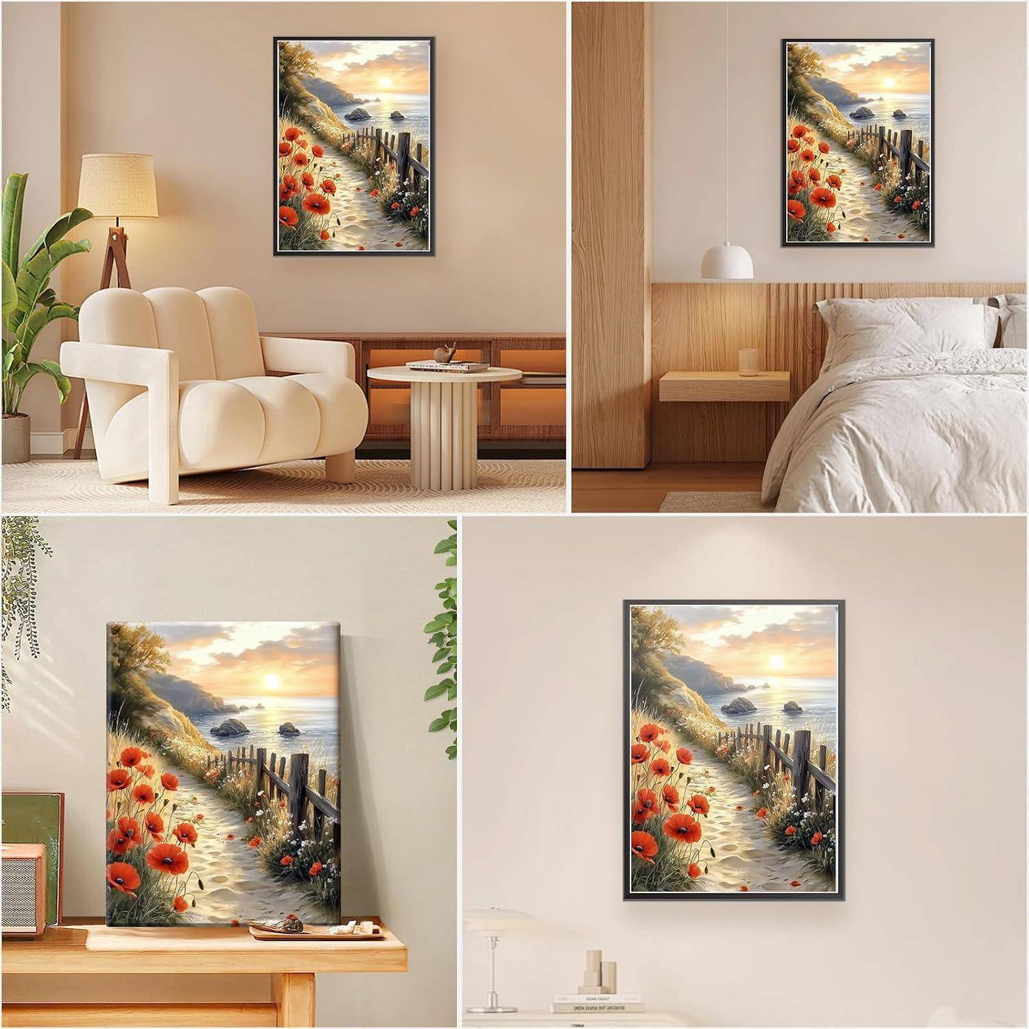 Collage, das ein gerahmtes Gemälde eines Meeresufers-Sonnenuntergangs mit Mohnblumen zeigt, die in mehreren modernen Räumen ausgestellt sind, darunter ein Wohnzimmer, ein Schlafzimmer und eine Tischplatzierung.