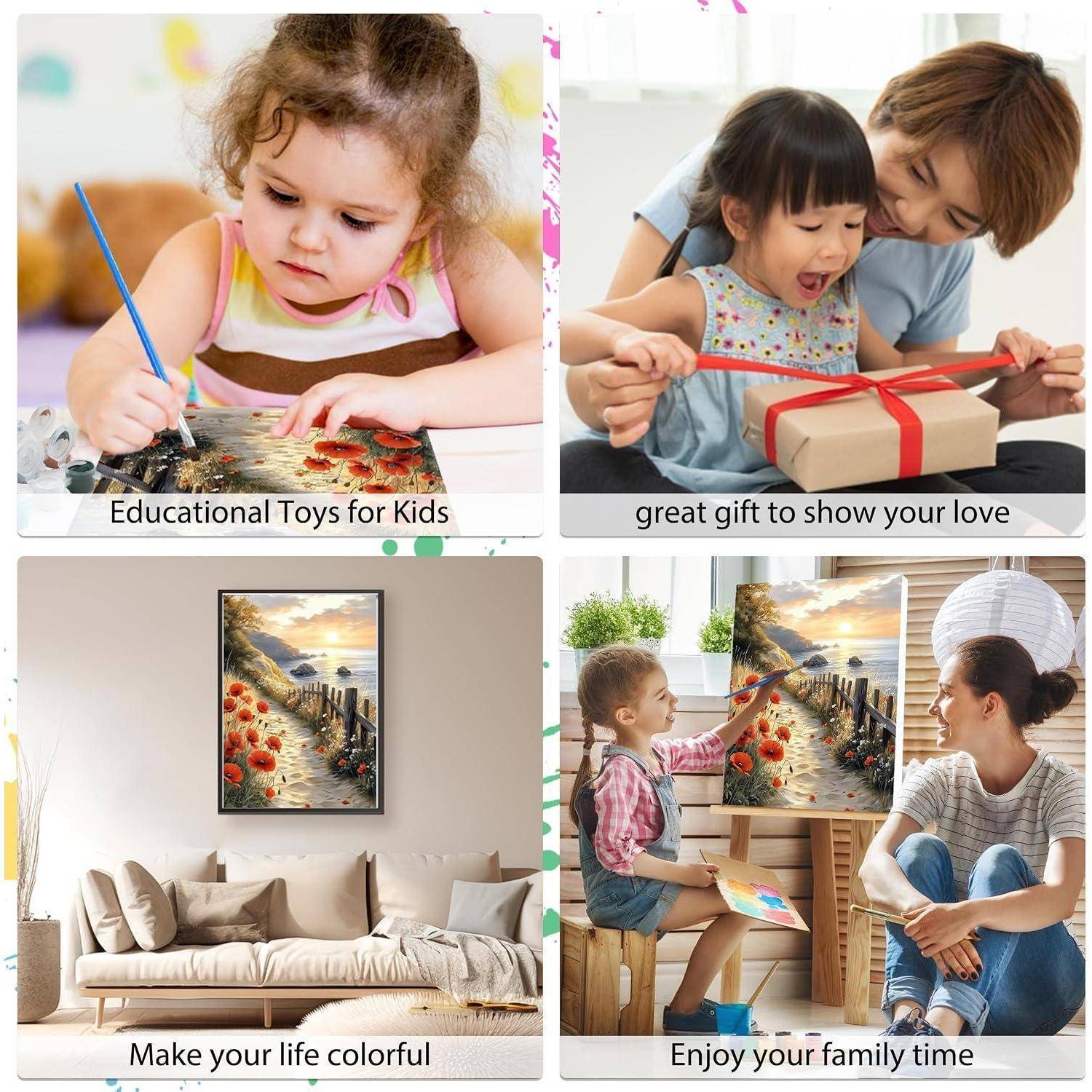Vier-Panel-Collage mit Kindern beim Malen, einem Elternteil und Kind beim Auspacken eines Geschenks, einem farbenfrohen Wandkunstdruck in einem Wohnzimmer und einer Familie, die zusammen malt.