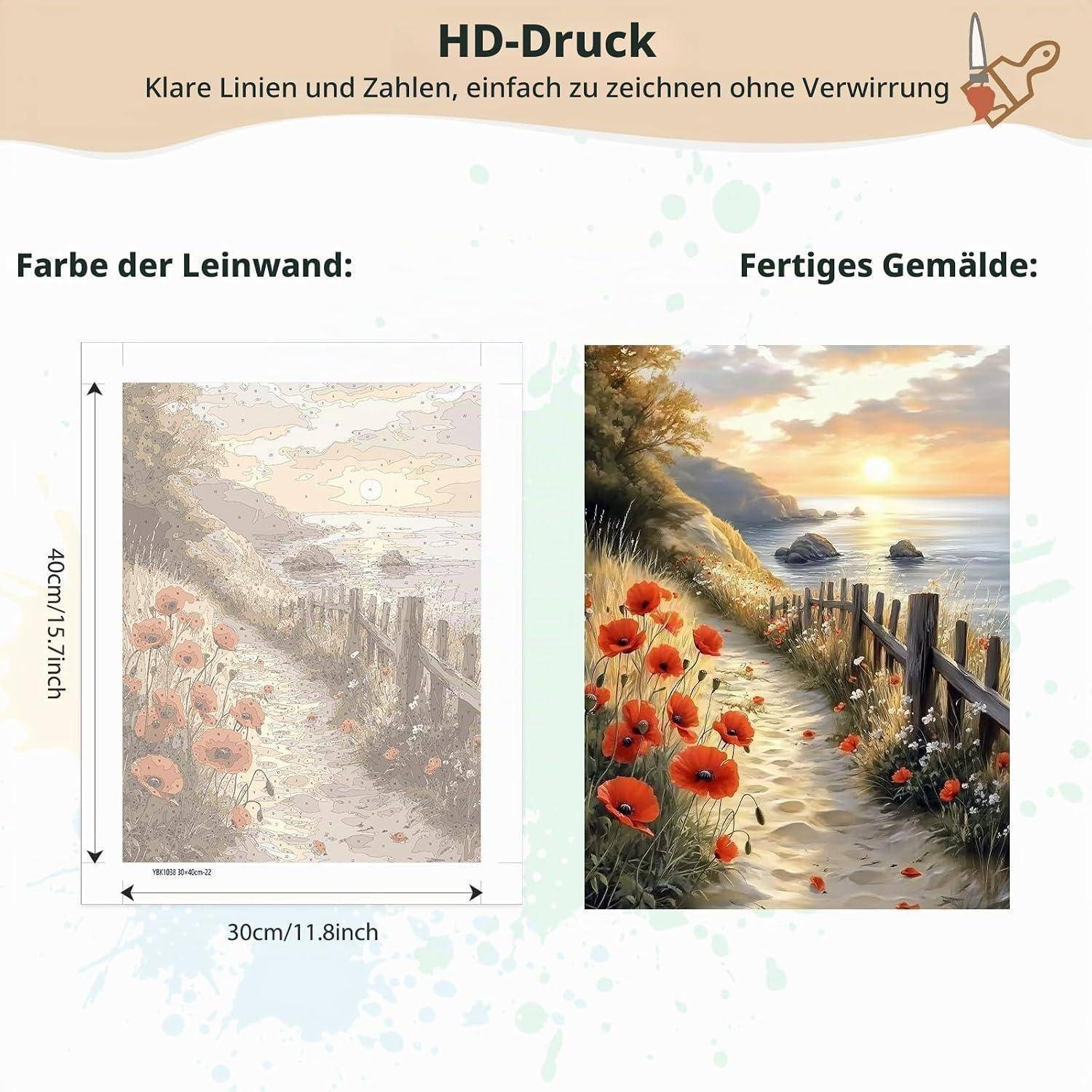 Werbegrafik zeigt eine Mal-nach-Zahlen-Leinwand und das fertige Gemälde eines Sonnenuntergangs am Meer, beschriftet mit 