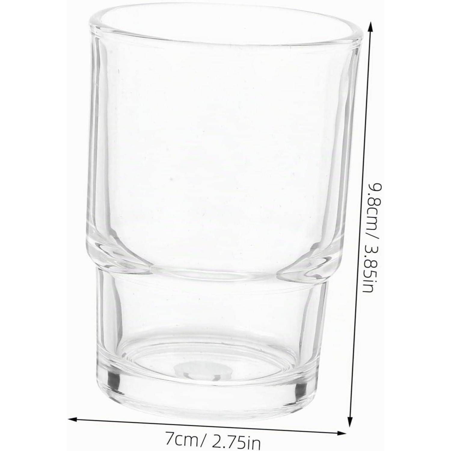 Klares zylindrisches Trinkglas mit Abmessungen: 9,8 cm (3,85 Zoll) hoch und 7 cm (2,75 Zoll) breit.