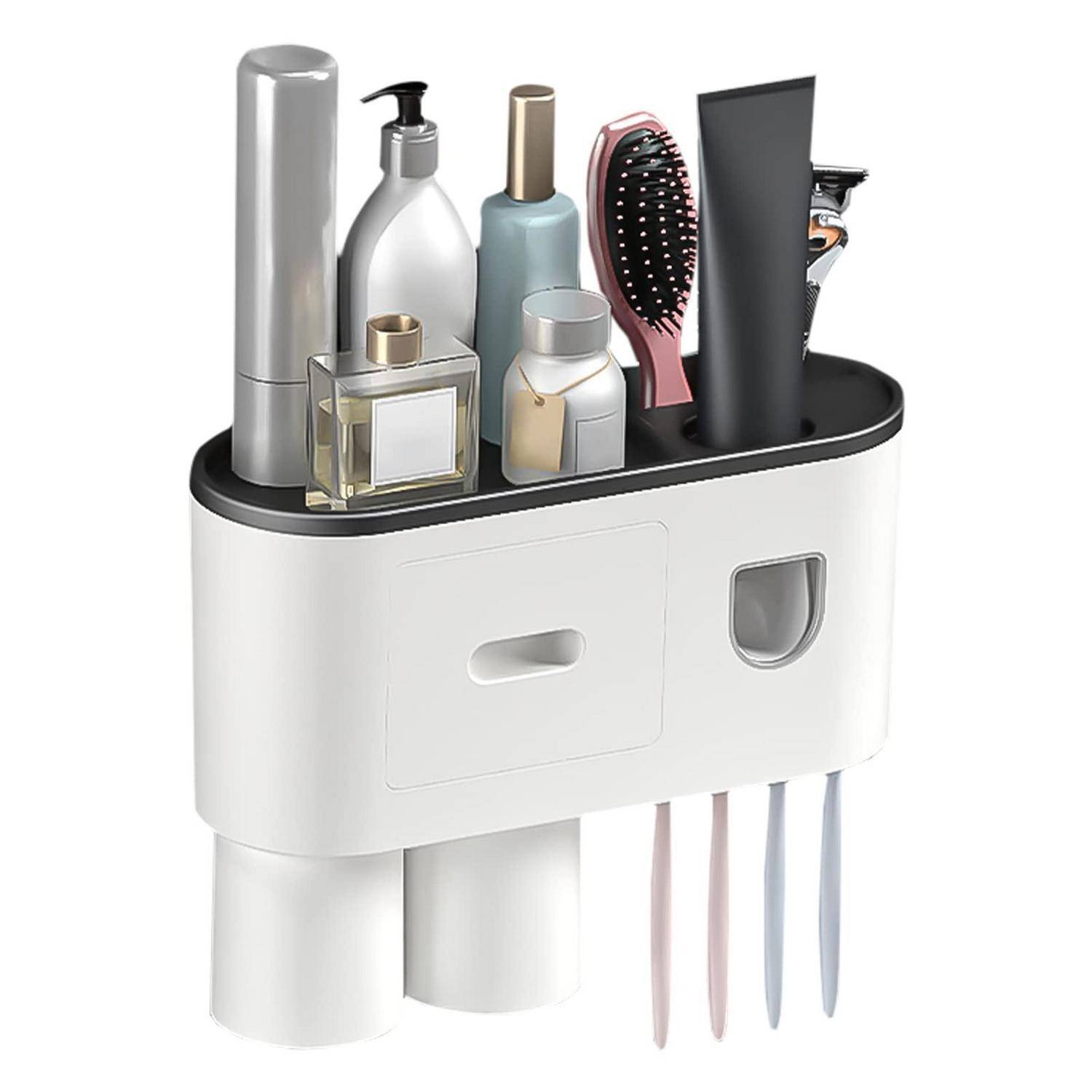 Wandmontierter Badezimmerorganizer, der Flaschen, ein Parfüm, einen Kamm, eine Haarbürste und Zahnbürsten in einem weißen Behälter mit einer Schublade und Becherhaltern hält.
