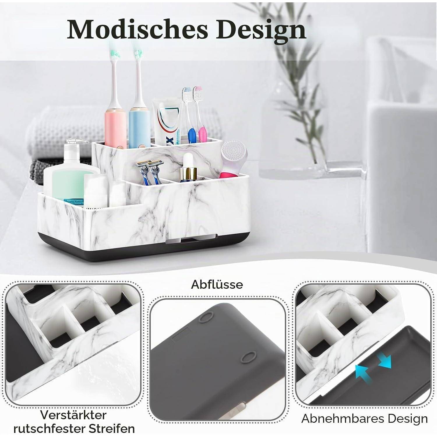 Badezimmer-Organizer-Caddy im Marmor-Look, der Zahnbürsten und Toilettenartikel hält, mit Bodenpanelen, die eine verstärkte rutschfeste Basis und ein abnehmbares Design zeigen.