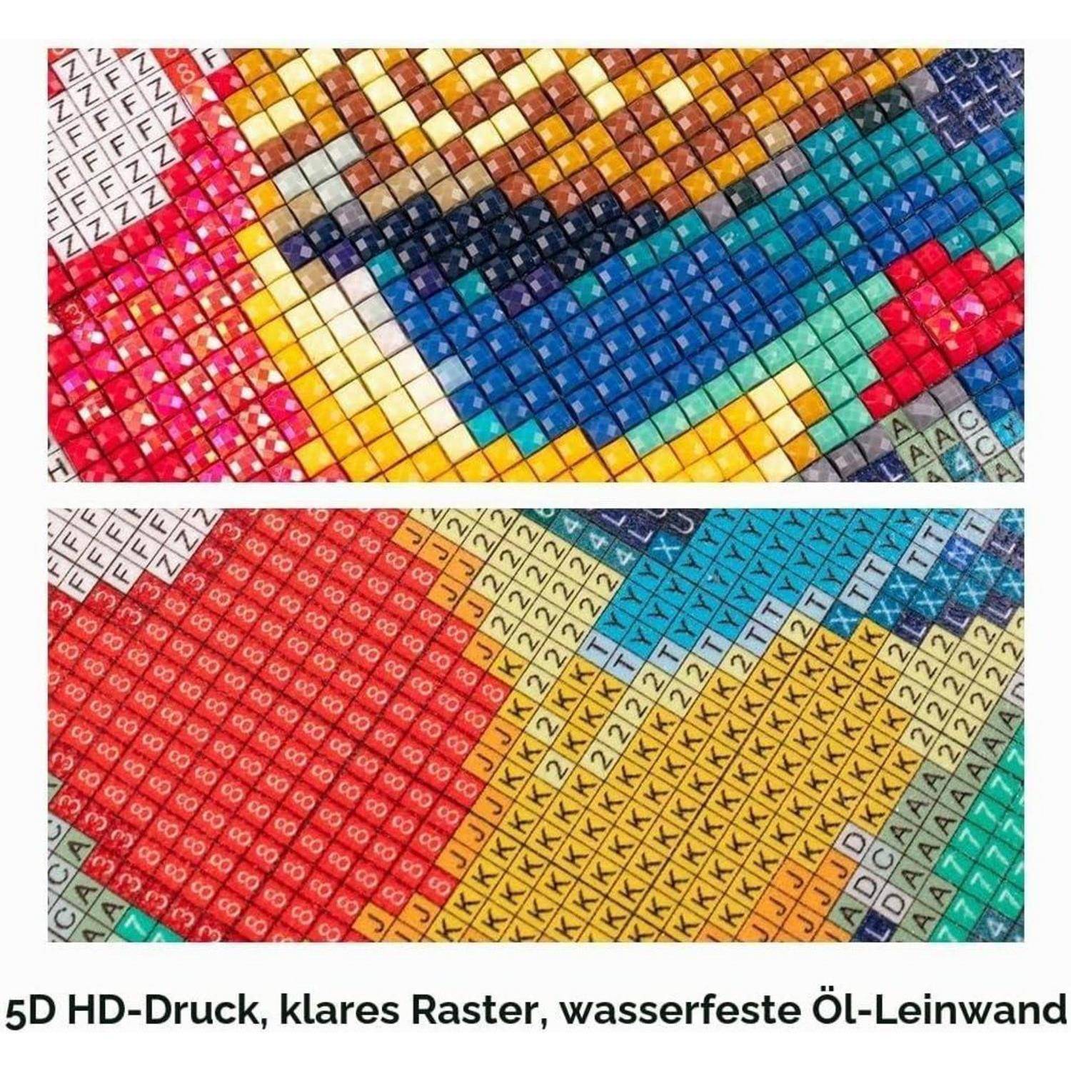 Zwei Nahaufnahmen von Diamantmalerei, die ein buntes Mosaik aus nummerierten quadratischen Stiften auf Leinwand zeigen; der deutsche Text lautet: „5D HD-Druck, klares Raster, wasserfeste Öl-Leinwand