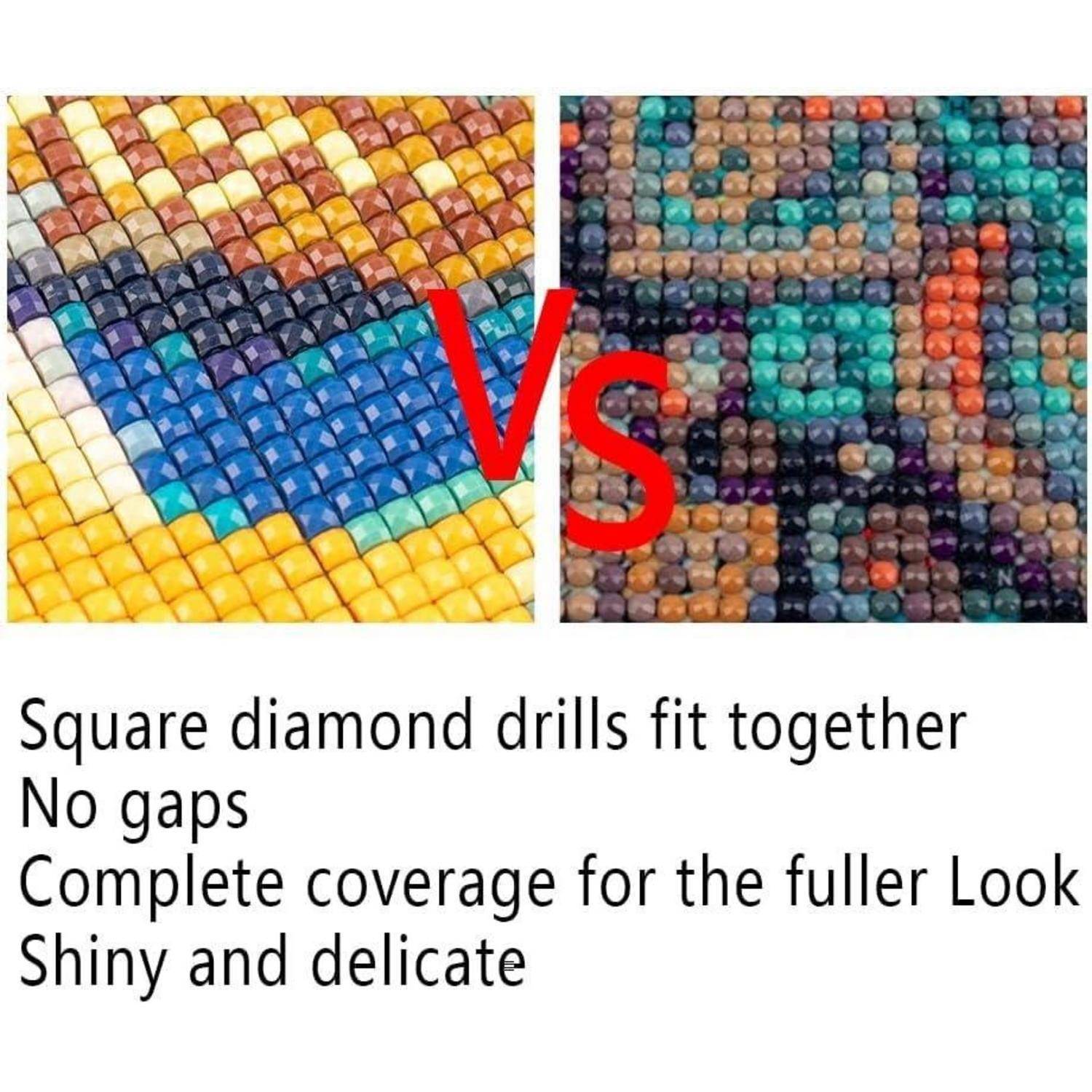 Vergleich nebeneinander von quadratischen Diamantbohrern: links zeigt ordentliche, lückenlose vollständige Abdeckung; rechts zeigt runde Bohrer mit sichtbaren Lücken.