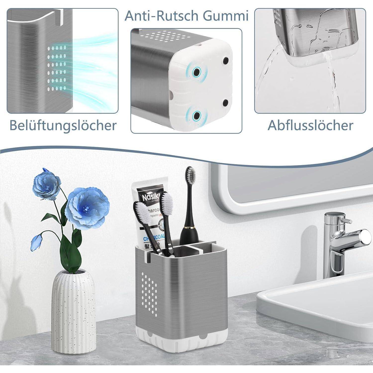 Illustrierter Zahnbürstenhalter für das Badezimmer mit Belüftungslöchern, rutschfester Gummibasis und Ablauflöchern, abgebildet mit Zahnbürsten und Zahnpasta neben einem Waschbecken.