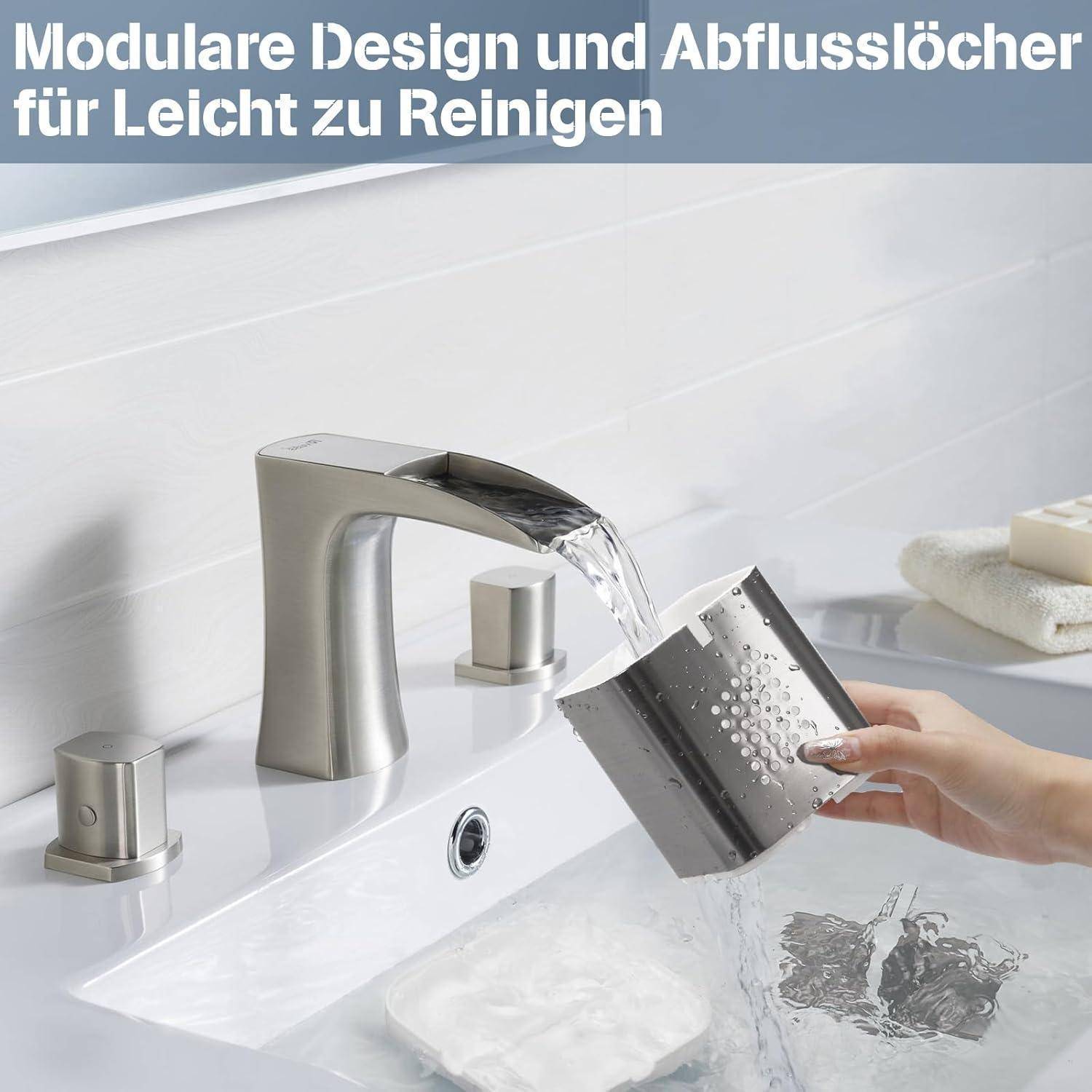 Moderner Wasserhahn mit modularem Design und Ablöchern; eine Hand spült einen abnehmbaren Aufsatz in einem Waschbecken zur einfachen Reinigung.