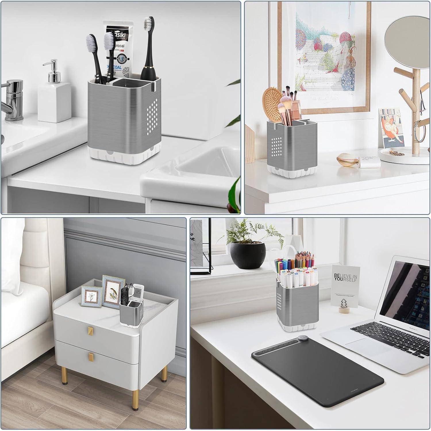 Collage zeigt einen grauen Arbeitsflächenorganizer, der Zahnbürsten, Make-up-Pinsel, Stifte und andere kleine Gegenstände in Badezimmer-, Frisiertisch-, Nachttisch- und Schreibtischeinrichtungen hält.