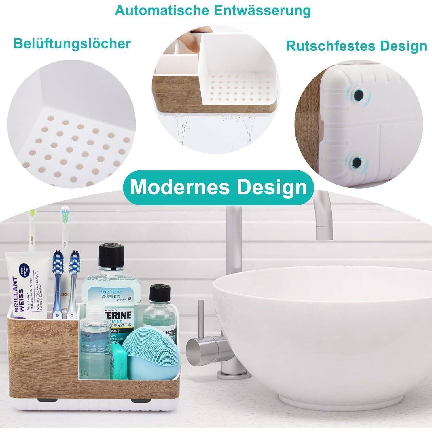 Werbebild eines modernen weißen Badezimmerbeckens mit Zubehör, das die automatische Entwässerung, Belüftungslöcher und rutschfeste Gestaltung hervorhebt.