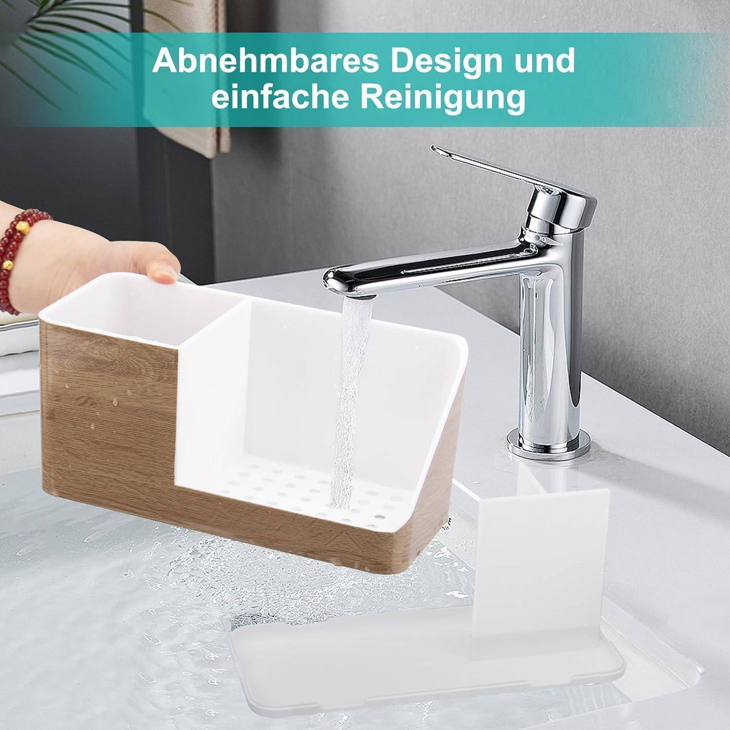 Handwäsche eines abnehmbaren Spülen-Zubehörs aus Holz und Weiß unter einem Wasserhahn; der Text besagt „Abnehmbares Design und einfache Reinigung