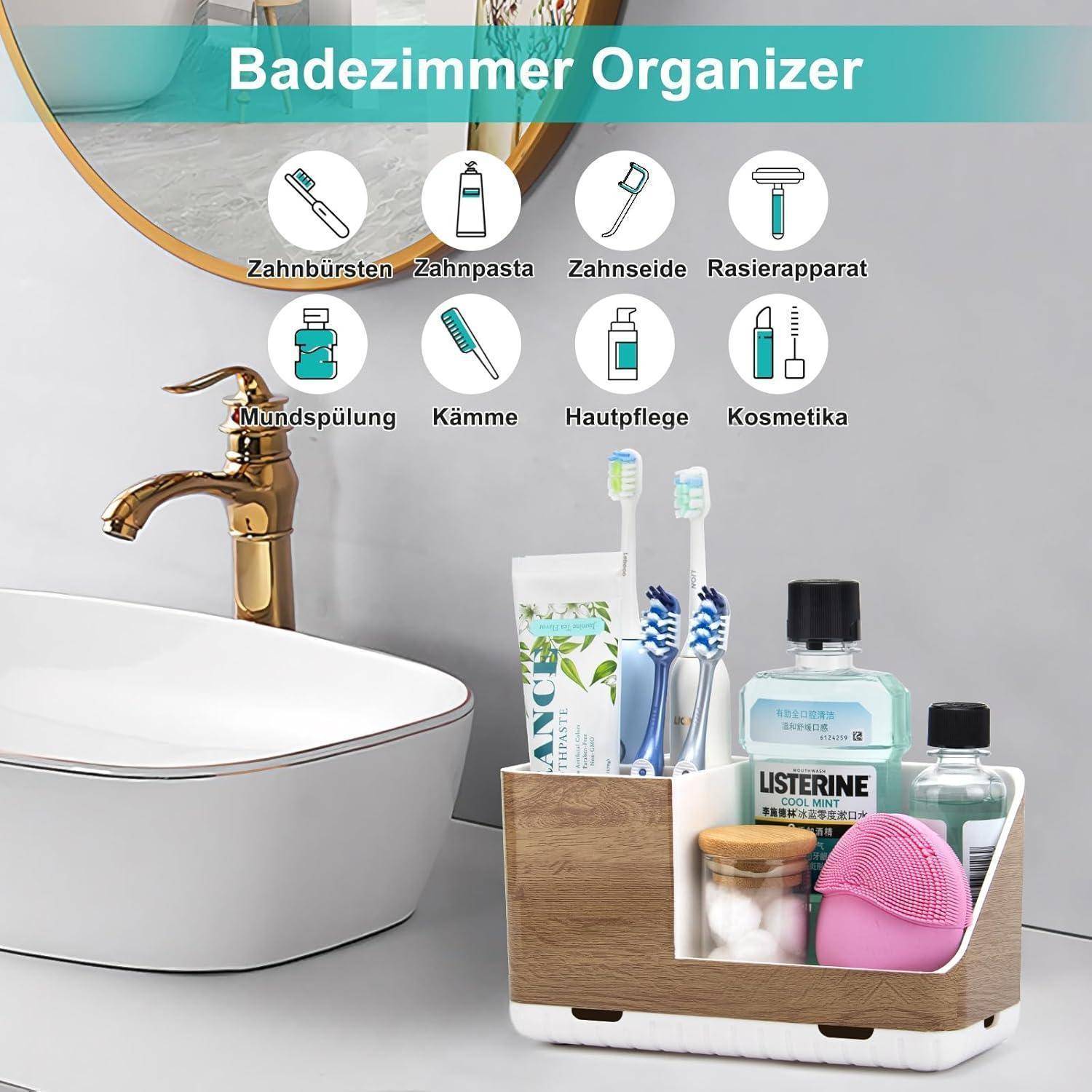 Badezimmer Organizer neben einem Waschbecken, der Zahnbürsten, Zahnpasta, Rasierer, Mundwasser, Kämme, Hautpflege und Kosmetika hält; mit der Bezeichnung „Badezimmer Organizer