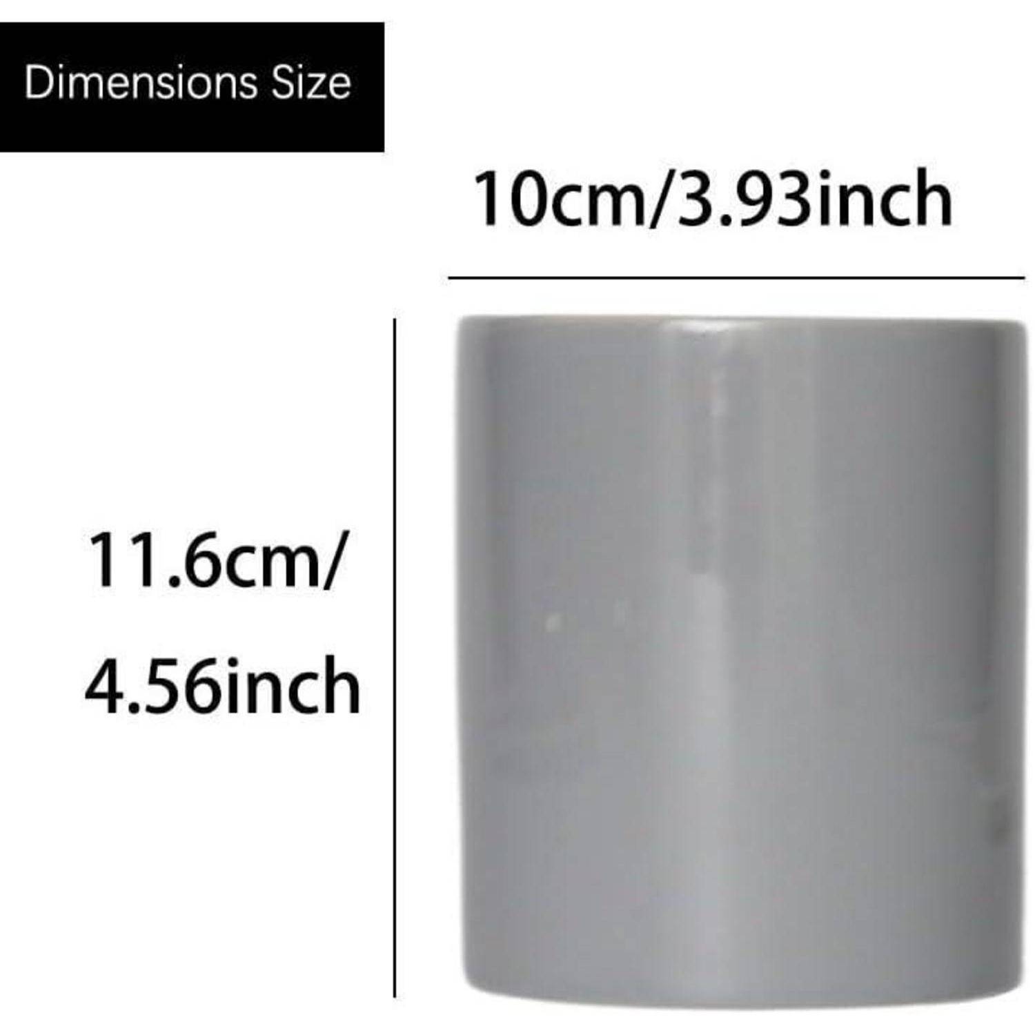 Produktdimensionsdiagramm, das einen grauen zylindrischen Behälter mit einer Breite von 10 cm und einer Höhe von 11,6 cm zeigt, mit der Bezeichnung „Größe Dimensionen